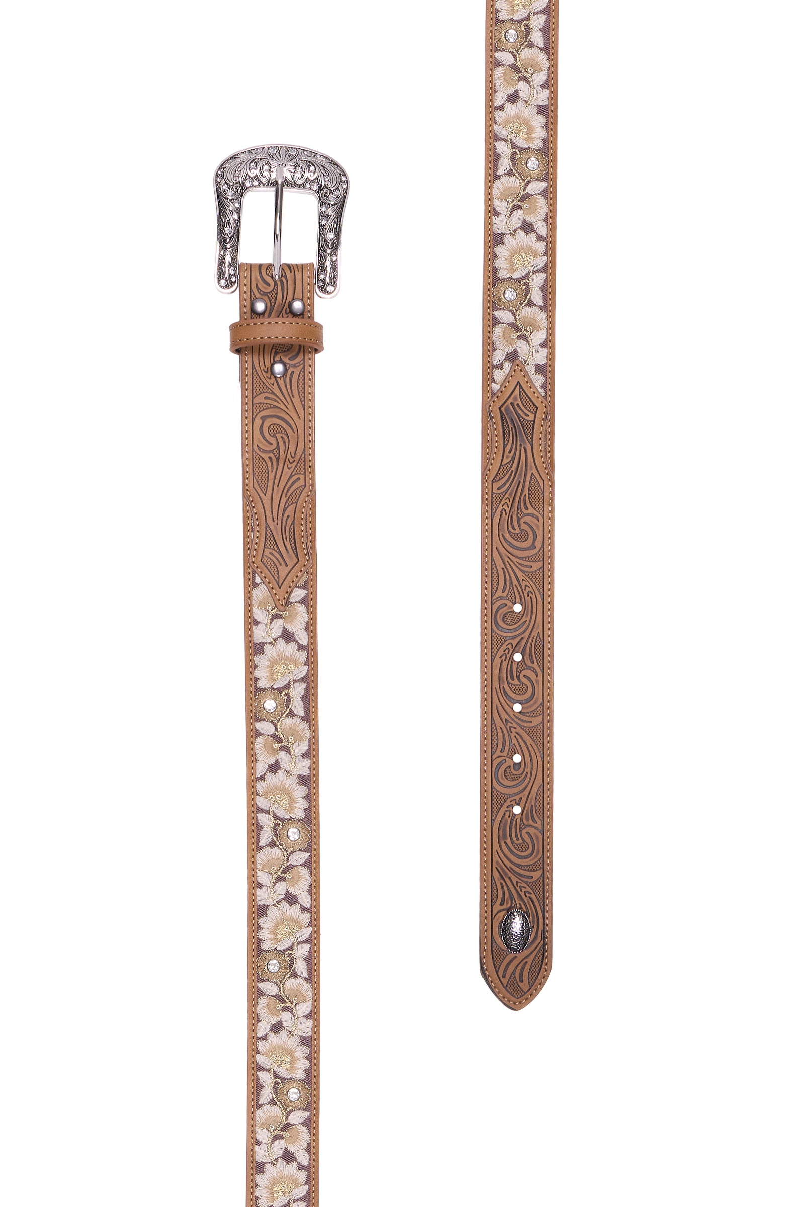 A brown tooled leather belt with floral embroidery, rhinestone embellishments, and a silver-toned engraved buckle, shown in two vertical views on a white background.