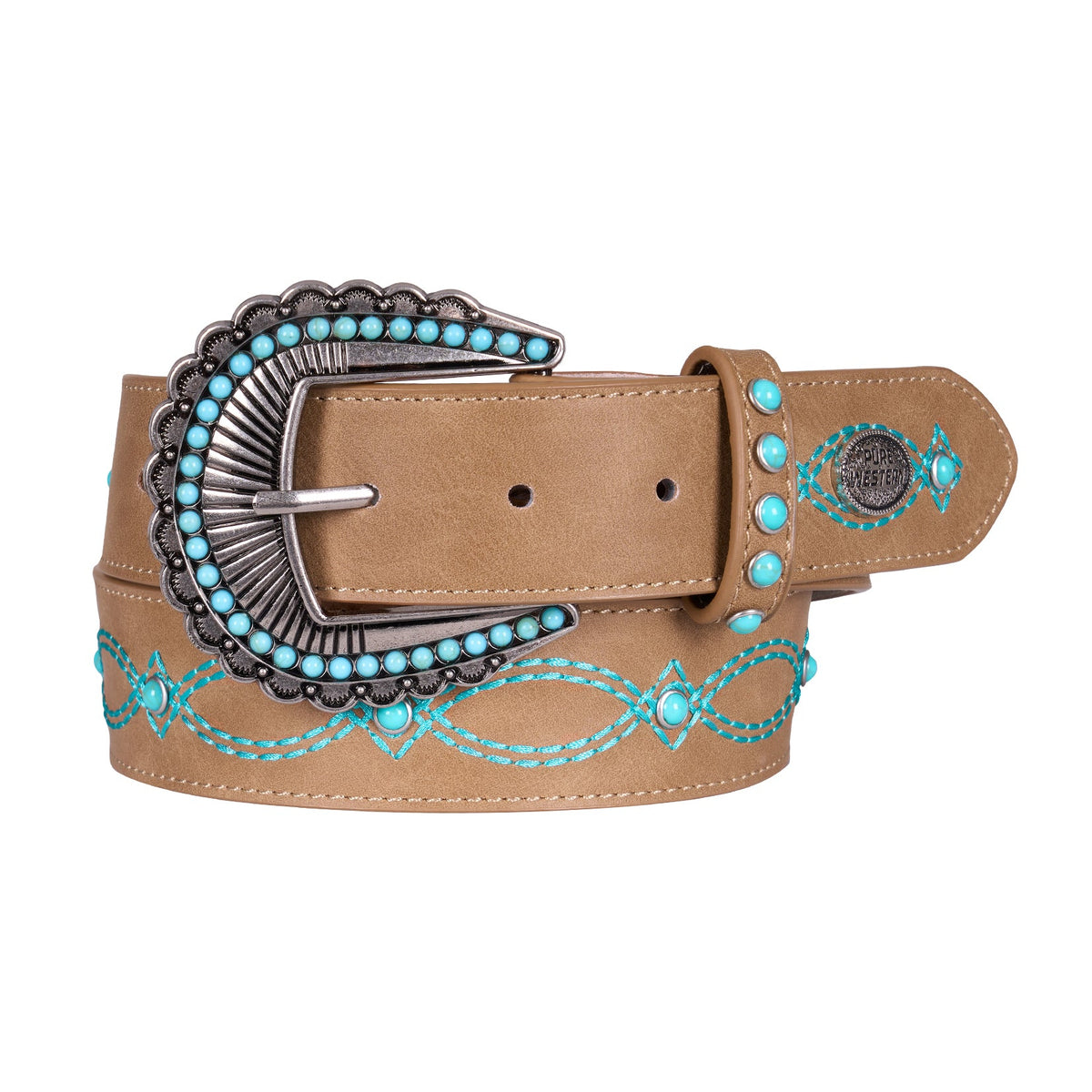 A tan leather western belt with turquoise blue bead accents, a large silver-tone concho buckle, and turquoise embroidered details on the strap, shown on a plain white background.