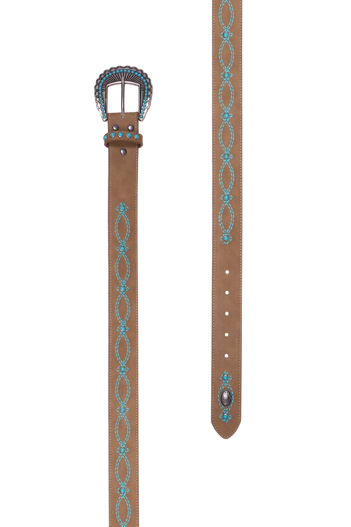 A tan leather belt with turquoise blue and silver concho-style hardware and decorative inlay, shown from two angles on a white background.