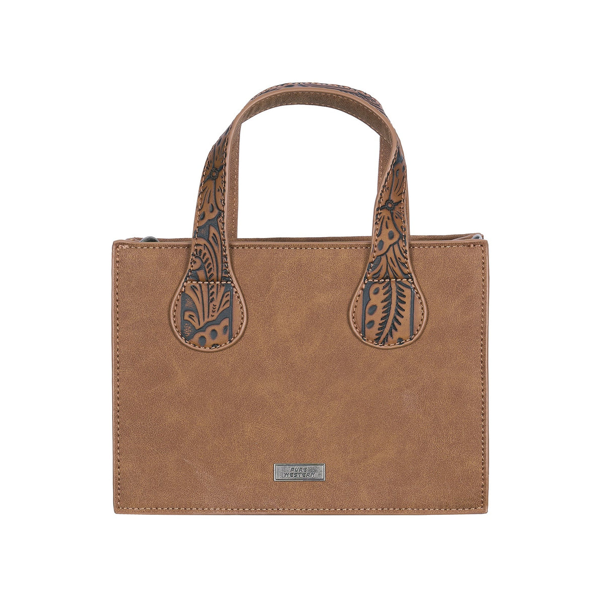 A tan leather tote bag with dark brown tooled floral details on the handles and a small silver-tone brand plaque at the bottom center, shown against a plain white background.