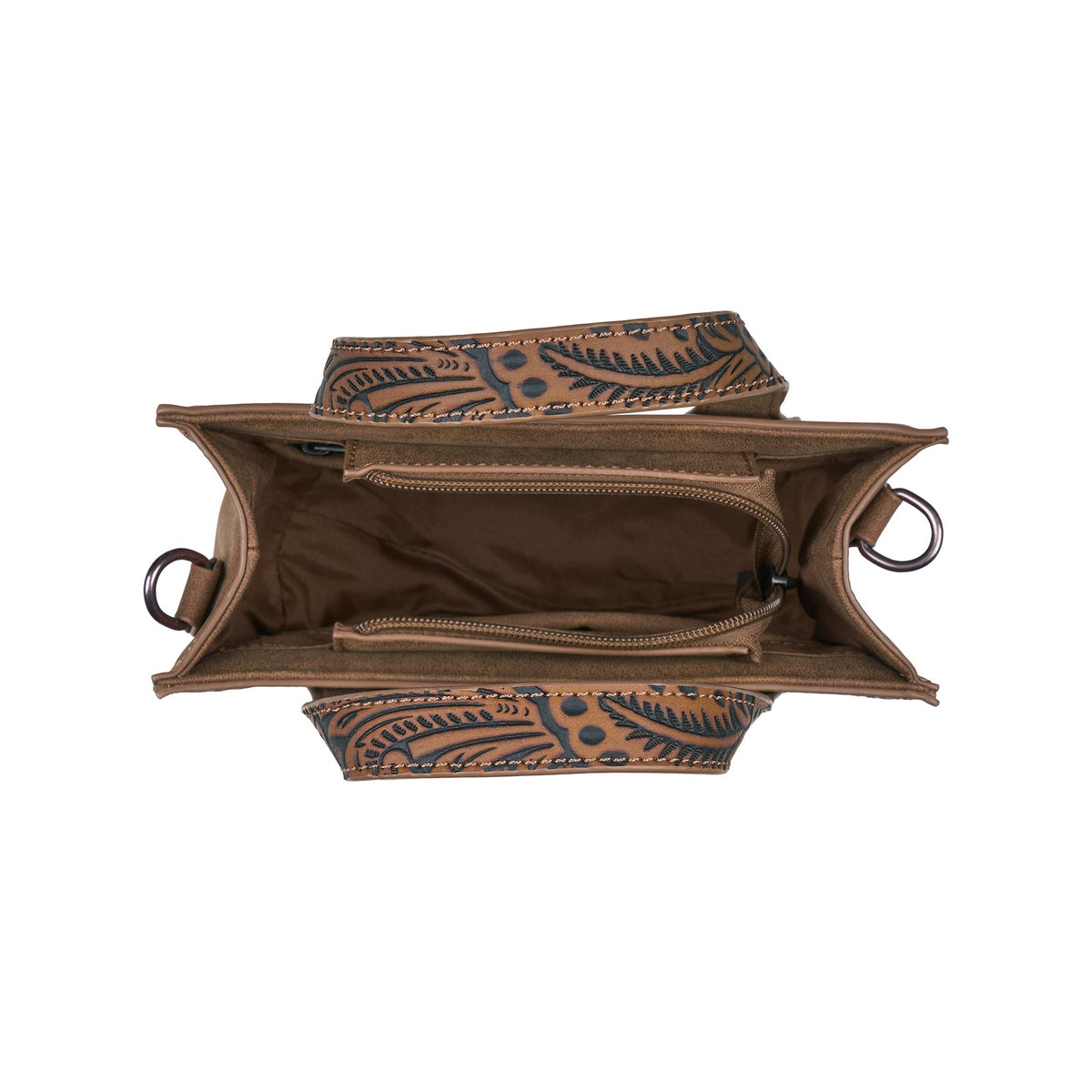Top-down view of a brown leather shoulder bag with an intricate blue and tan floral tooled pattern on the exterior and a brown fabric lining inside, shown on a plain white background.