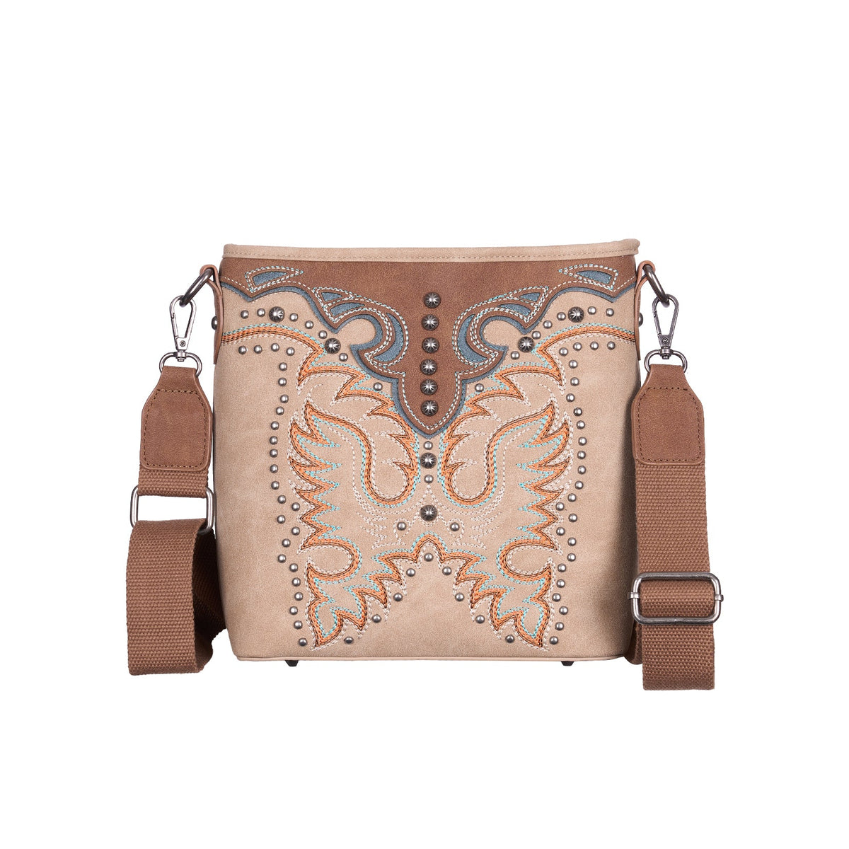 A beige western-style crossbody bag with brown leather trim, studded details, and a matching brown adjustable shoulder strap, shown against a plain white background.
