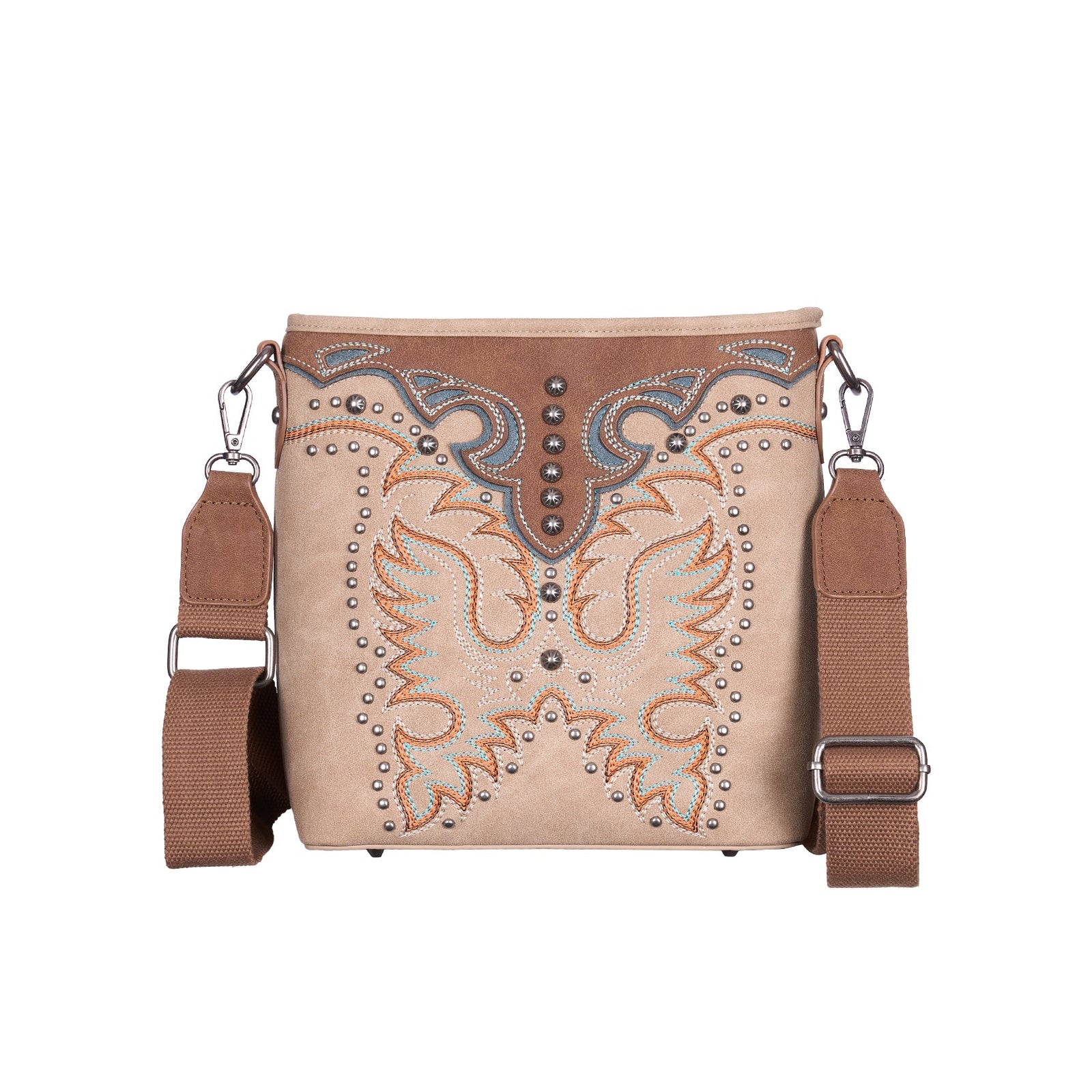 A beige western-style crossbody bag with brown leather trim, studded details, and a matching brown adjustable shoulder strap, shown against a plain white background.
