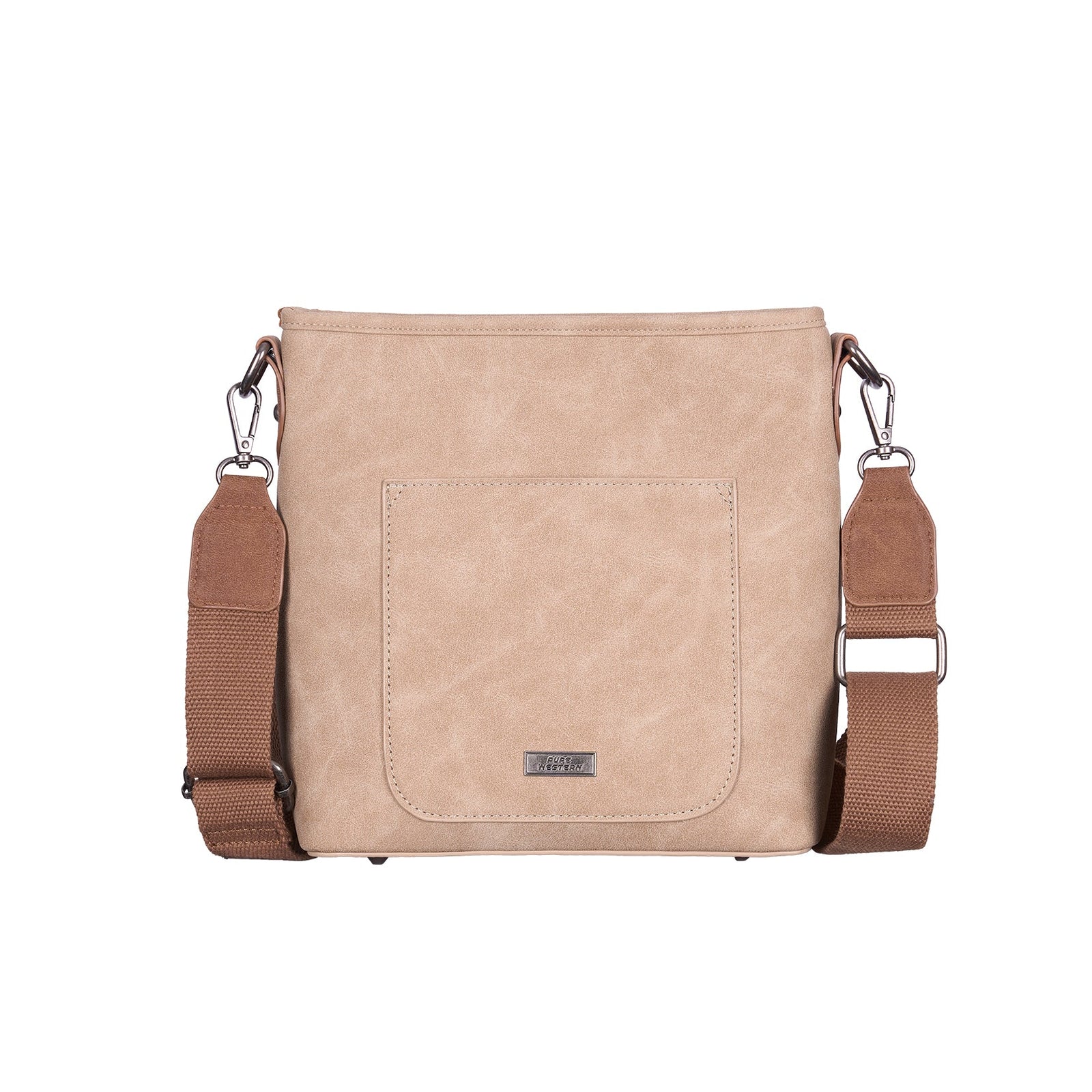 A beige faux-leather crossbody bag with a front pocket and brown adjustable shoulder strap, shown against a plain white background.