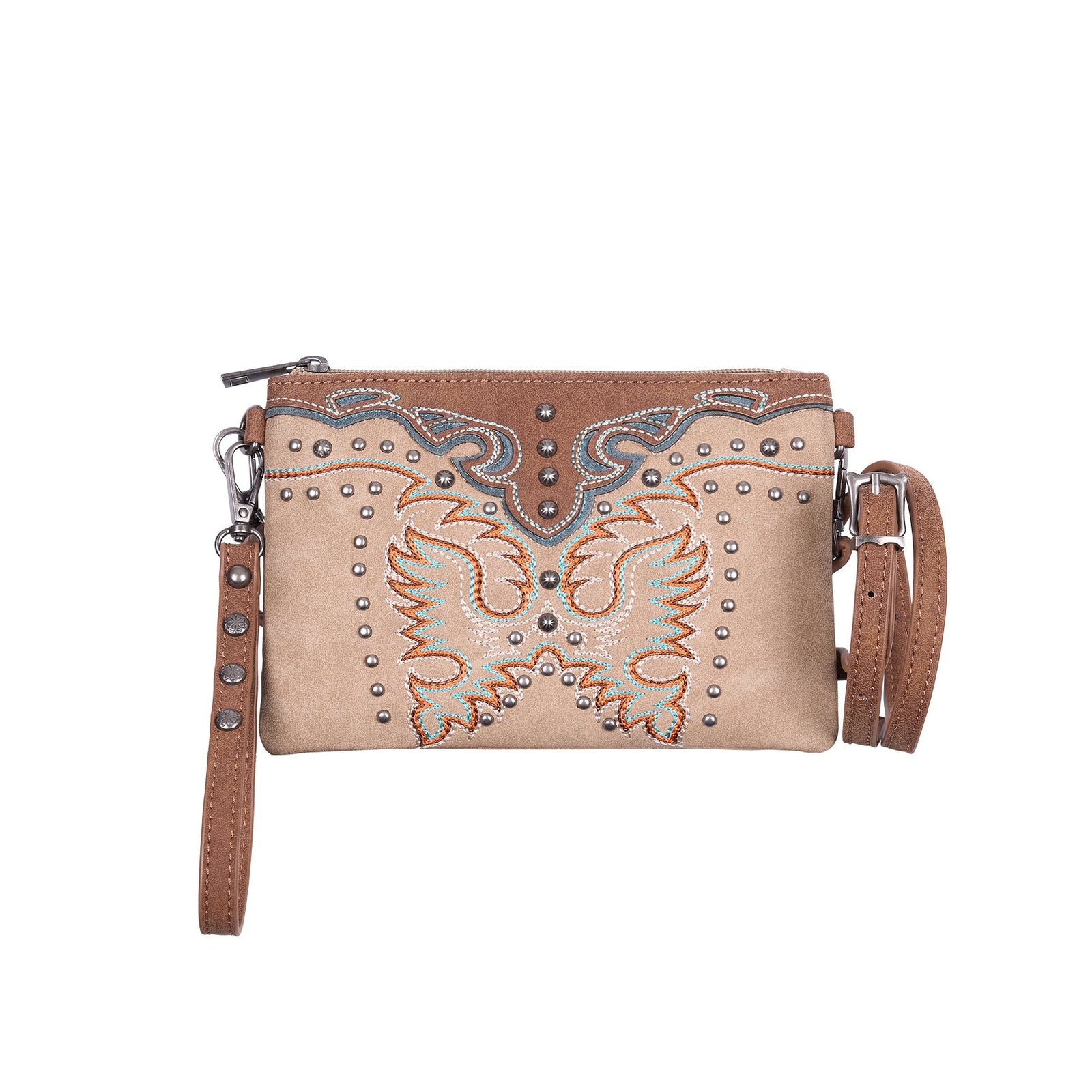 A beige leather crossbody clutch bag with brown leather trim, studded details, and a western-style embroidered eagle design on the front.