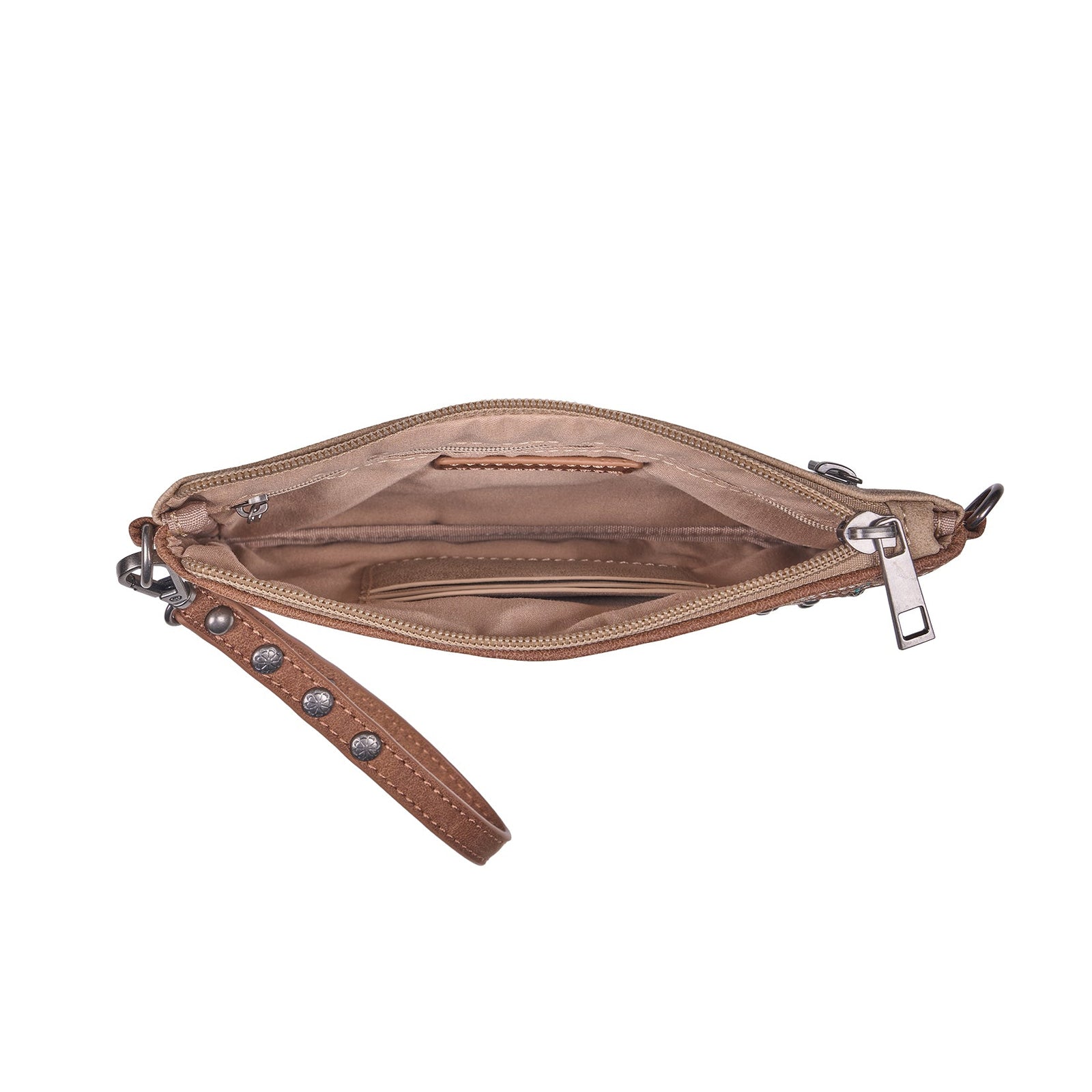 A brown leather wristlet pouch with a zippered main compartment, a zippered side pocket, and a matching wrist strap adorned with silver-tone studs, shown against a plain white background.