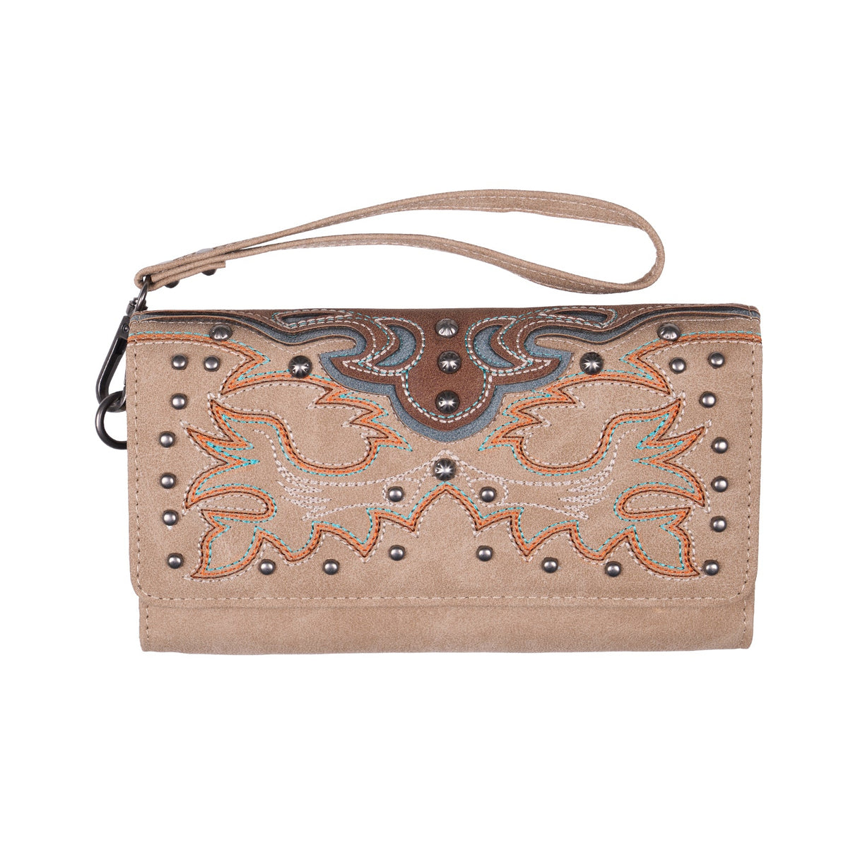 A beige faux-leather wristlet clutch with a matching wrist strap, featuring western-style embroidery, studded details, and a decorative patterned flap on a white background.