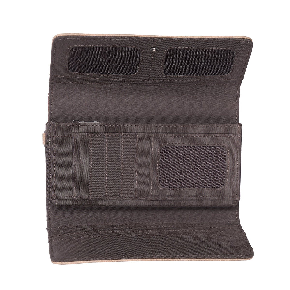 An open dark brown bi-fold wallet with multiple card slots, a central ID window, and two mesh pockets, shown on a plain white background.