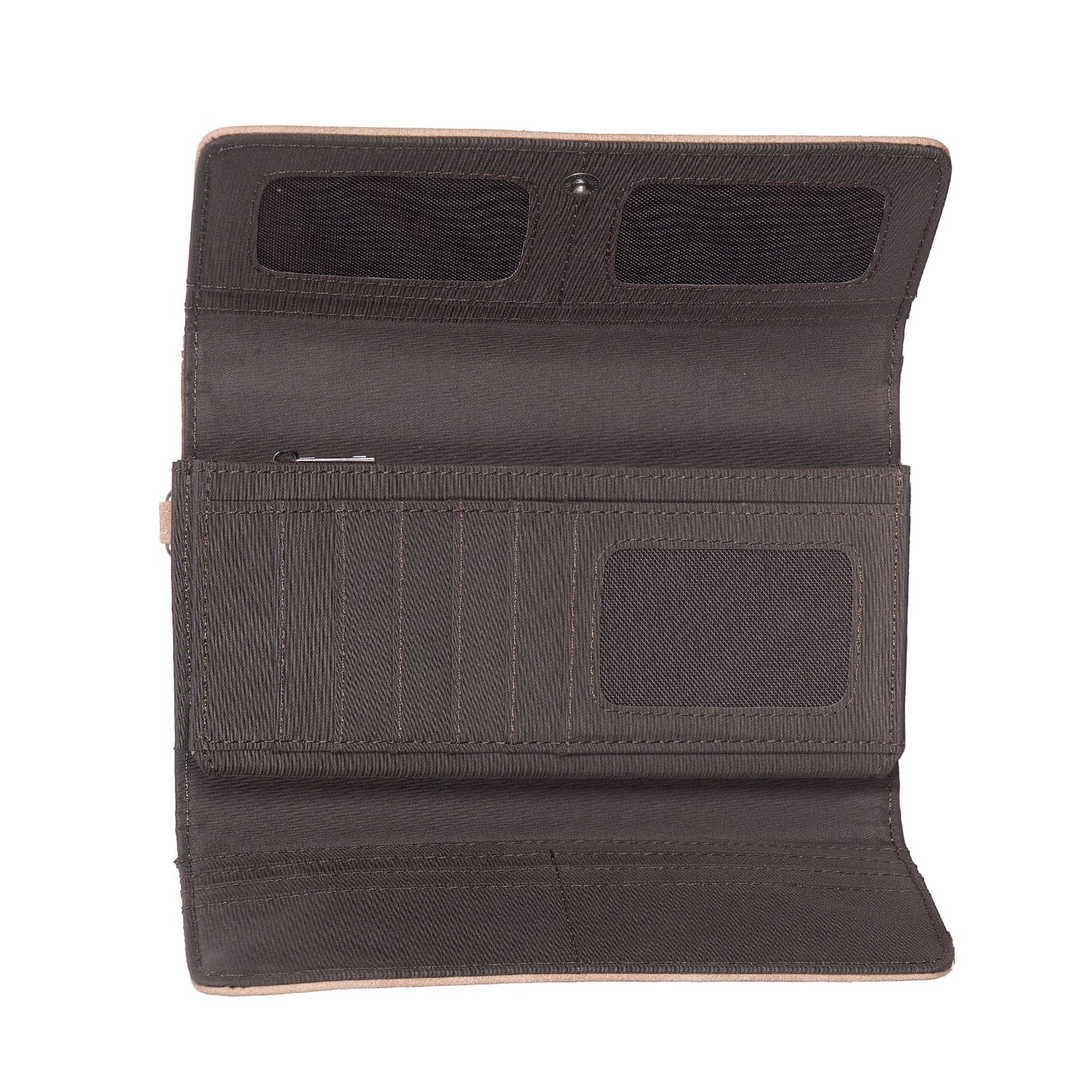An open dark brown bi-fold wallet with multiple card slots, a central ID window, and two mesh pockets, shown on a plain white background.
