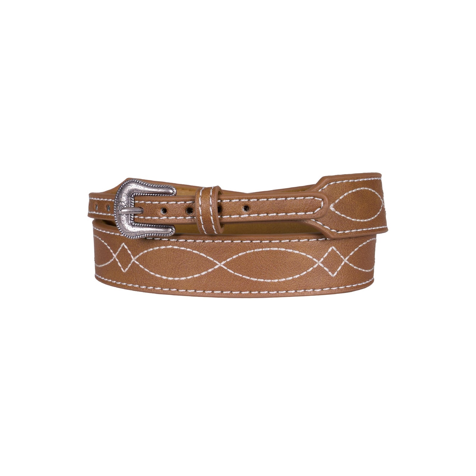A brown leather belt with white whipstitch embroidery and a silver buckle, shown coiled on a plain white background.