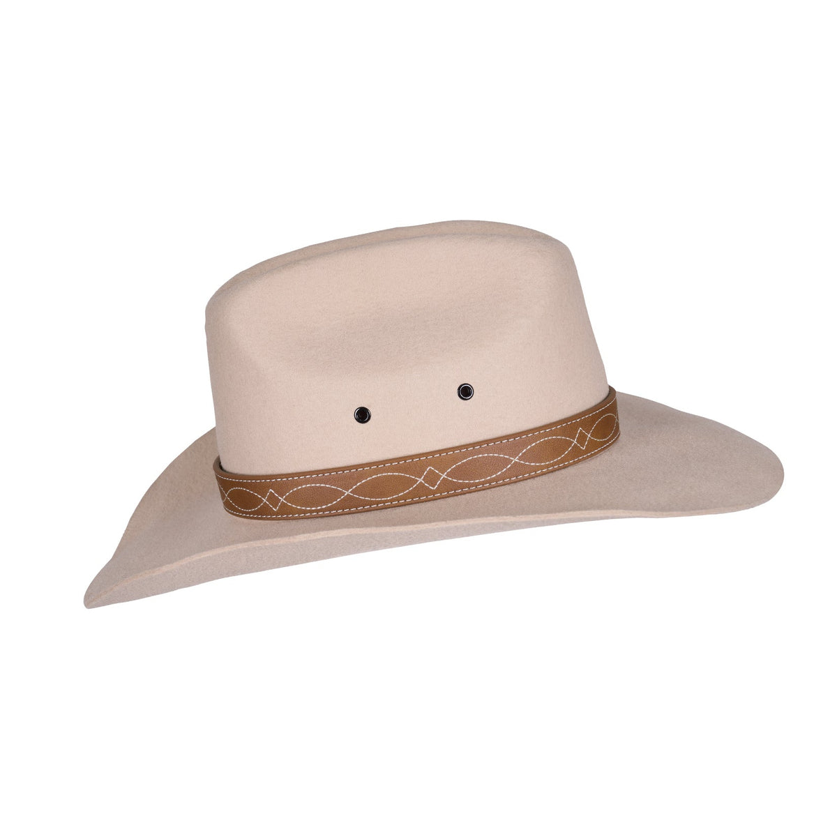 A light beige cowboy hat with a brown decorative band featuring a geometric pattern, shown against a plain white background.