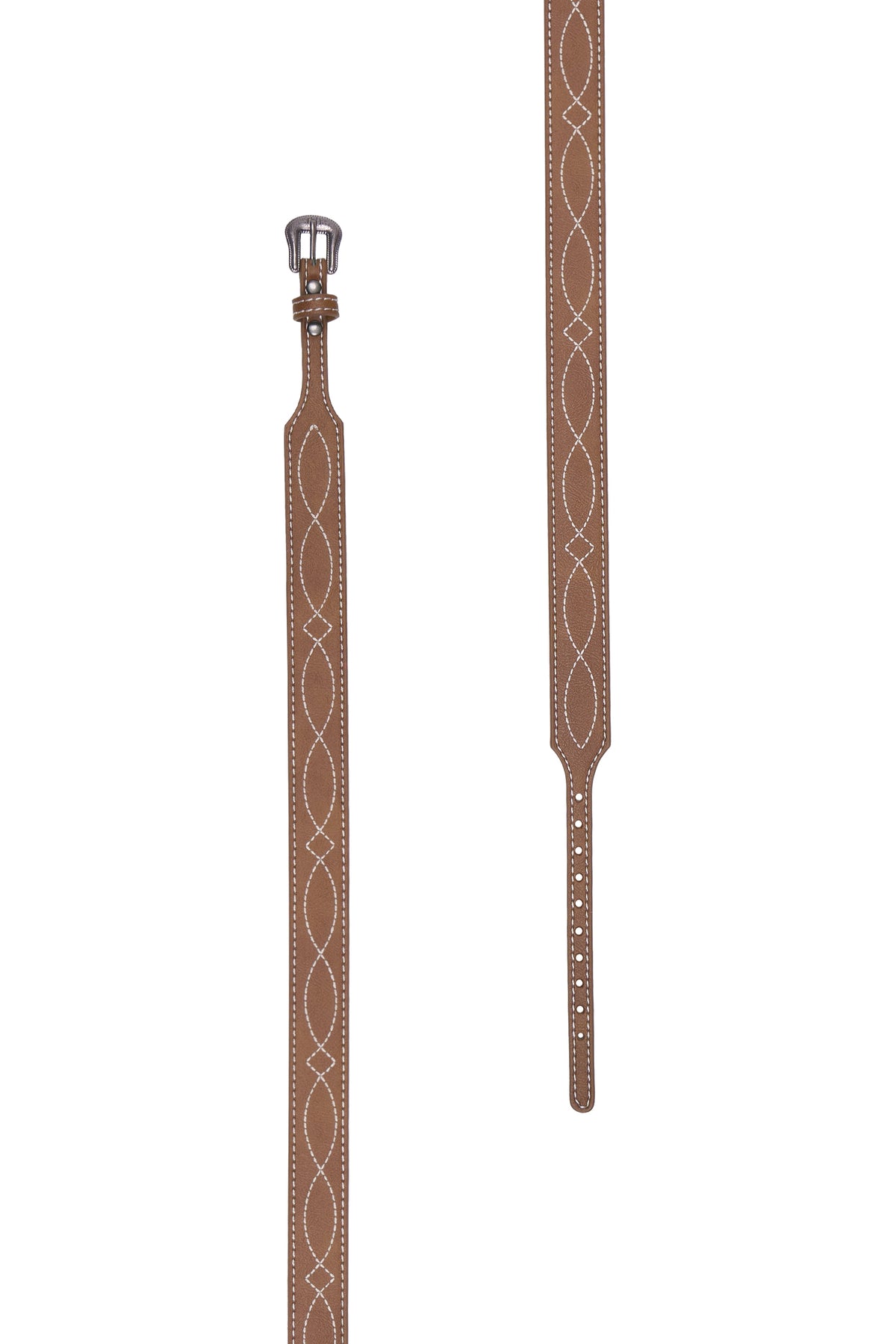 A brown leather strap with a decorative cream-colored geometric pattern and a silver-toned metal buckle, shown in two vertical views against a white background.