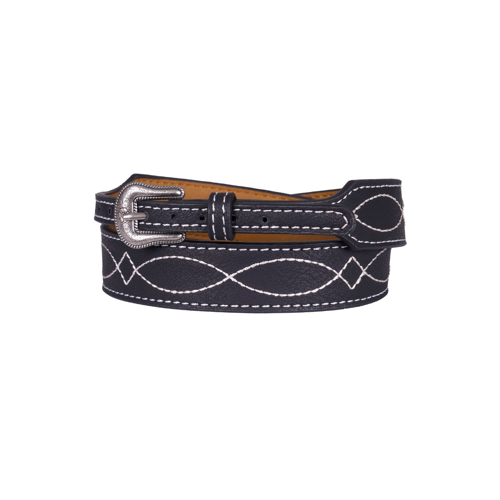 A dark navy leather belt with white decorative stitching and a silver-tone buckle, coiled on a plain white background.