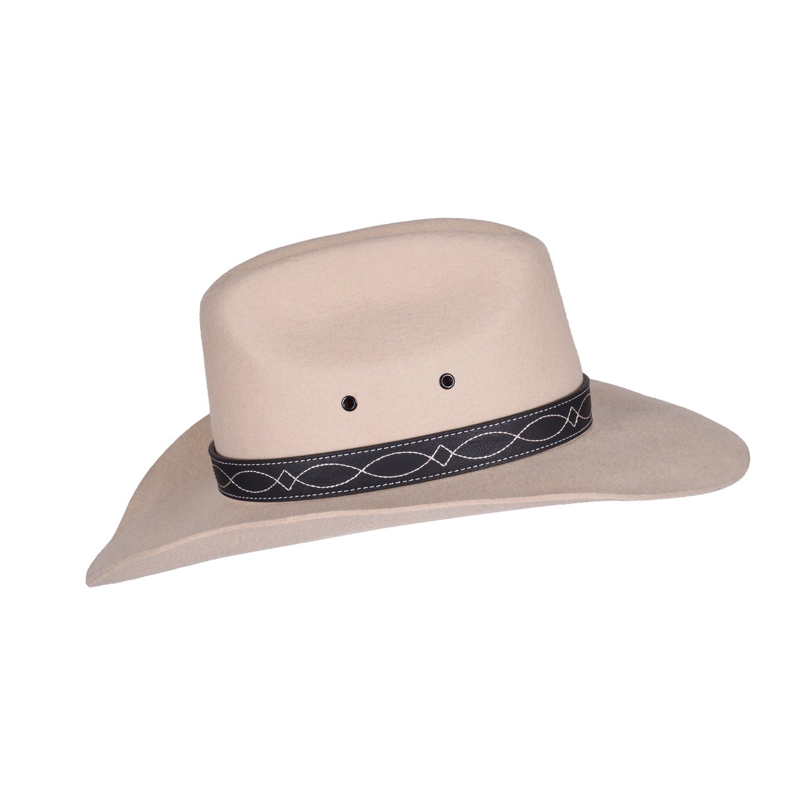 A light beige wide-brimmed cowboy hat with a dark navy blue band featuring a white geometric pattern, shown against a plain white background.