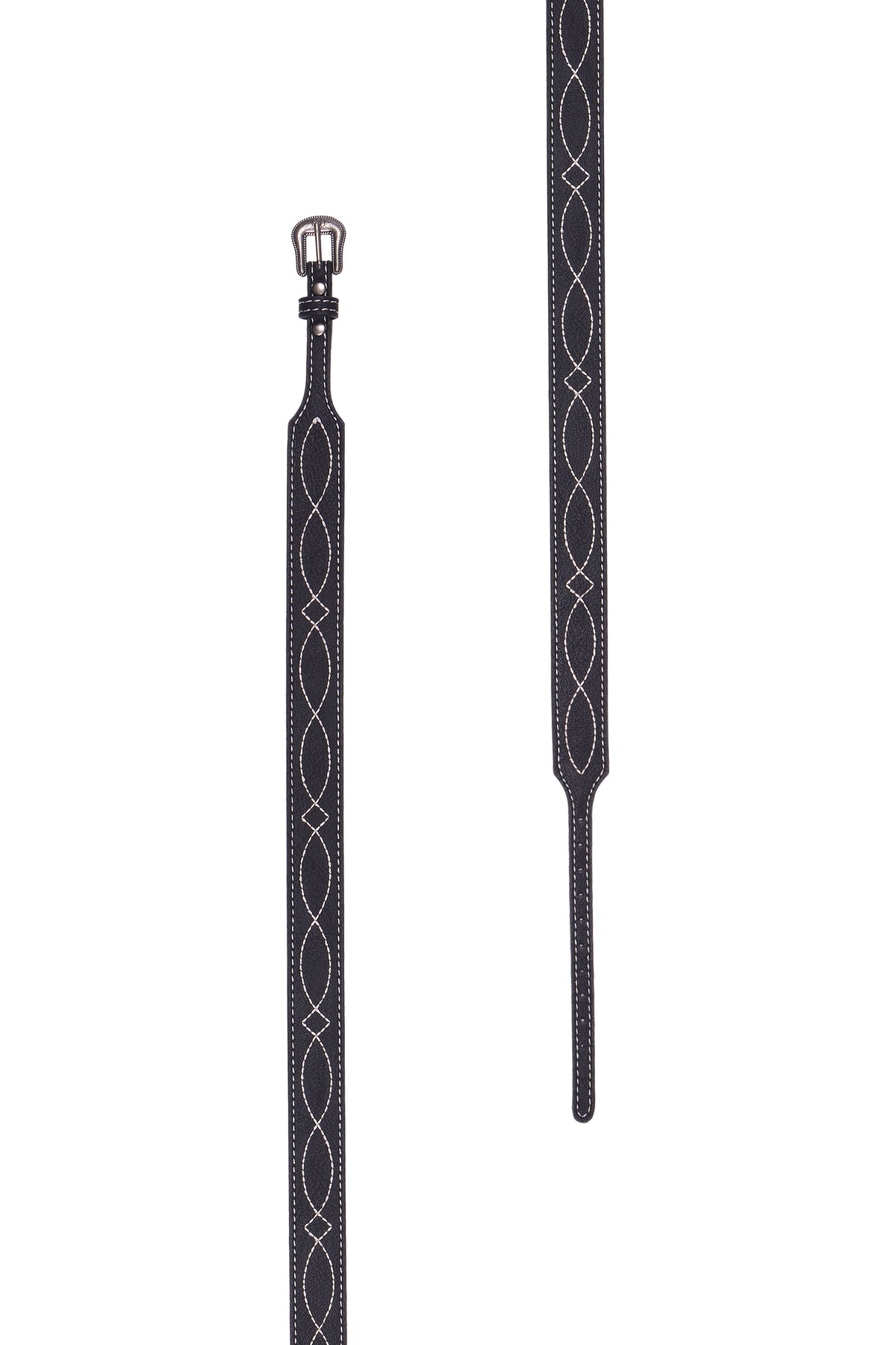 A black leather strap featuring a white embroidered geometric pattern and a silver-toned metal buckle, displayed on a clean white background.