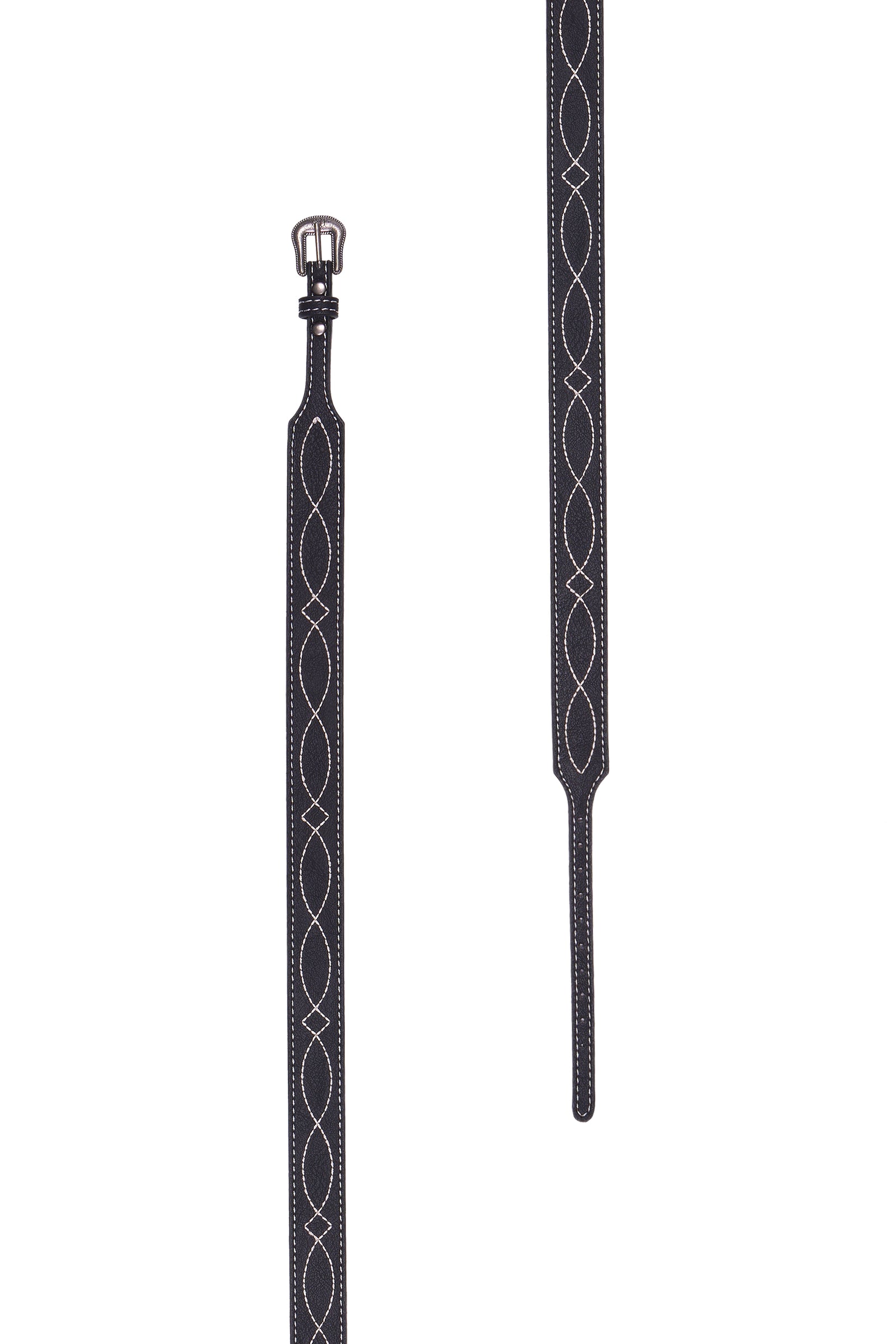 A black leather strap featuring a white embroidered geometric pattern and a silver-toned metal buckle, displayed on a clean white background.