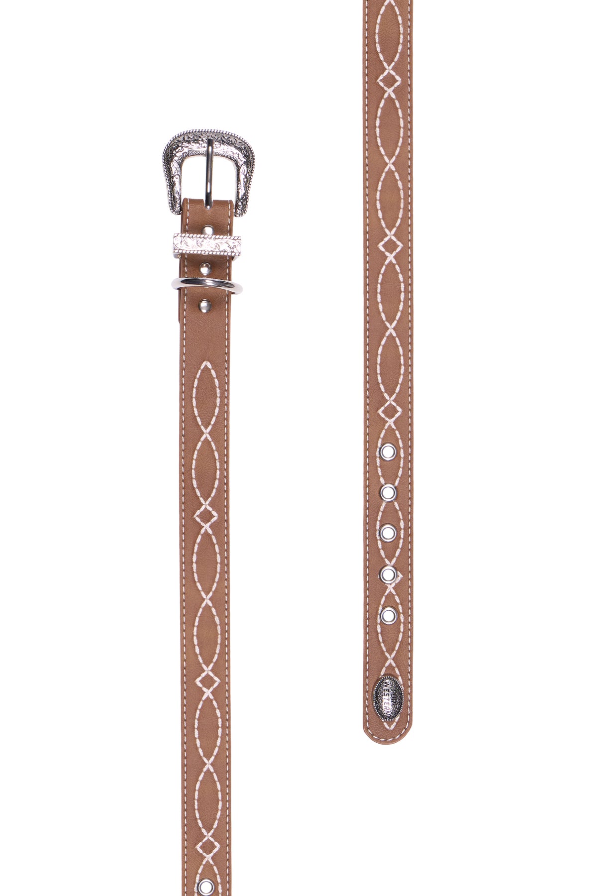A brown leather belt with white embroidered geometric patterns and silver-tone rhinestone-embellished hardware, shown from two angles on a plain white background.