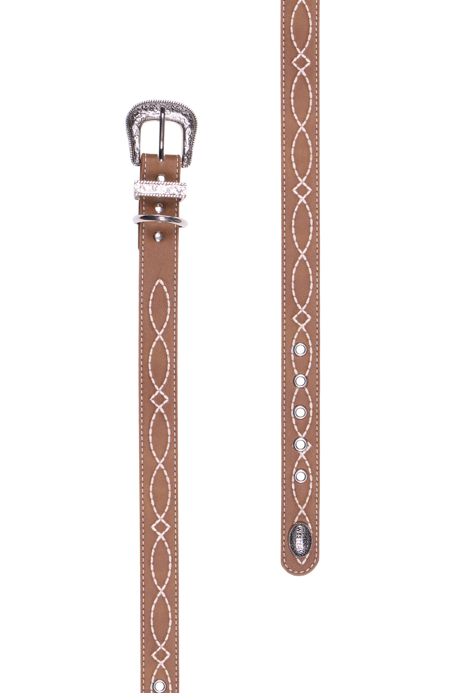 A brown leather belt with white embroidered geometric patterns and silver-tone rhinestone-embellished hardware, shown from two angles on a plain white background.