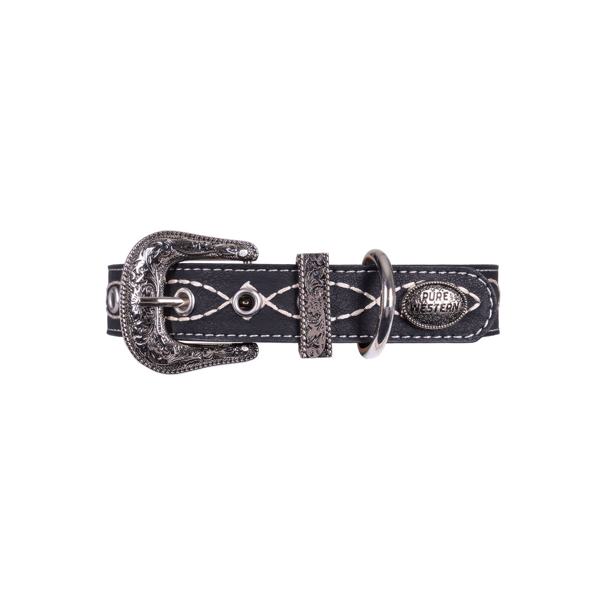 A western-style black leather belt with silver-toned metal hardware, featuring a decorative engraved buckle, a diamond-stitched pattern, and a concho emblem on the keeper loop, shown against a plain white background.