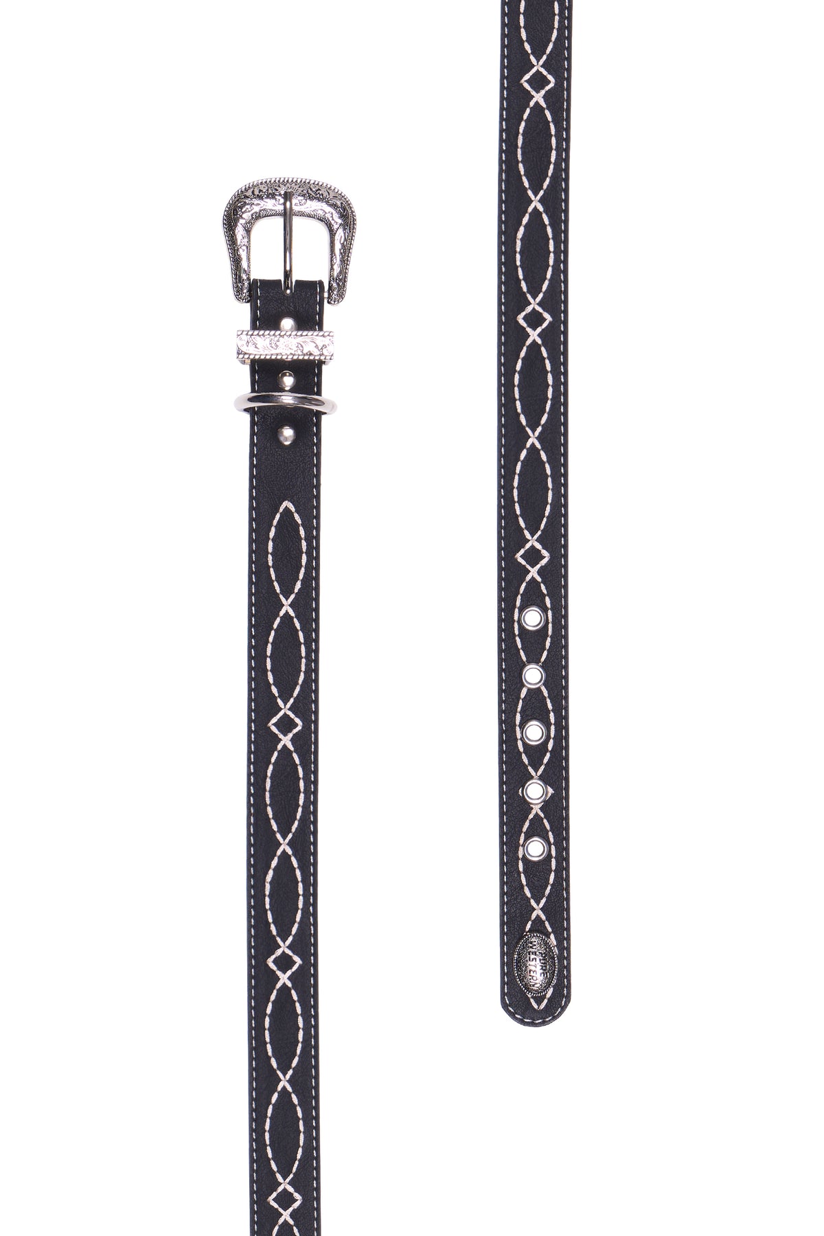 A black leather belt with silver-tone hardware, featuring white embroidered geometric patterns along the strap, shown against a plain white background.