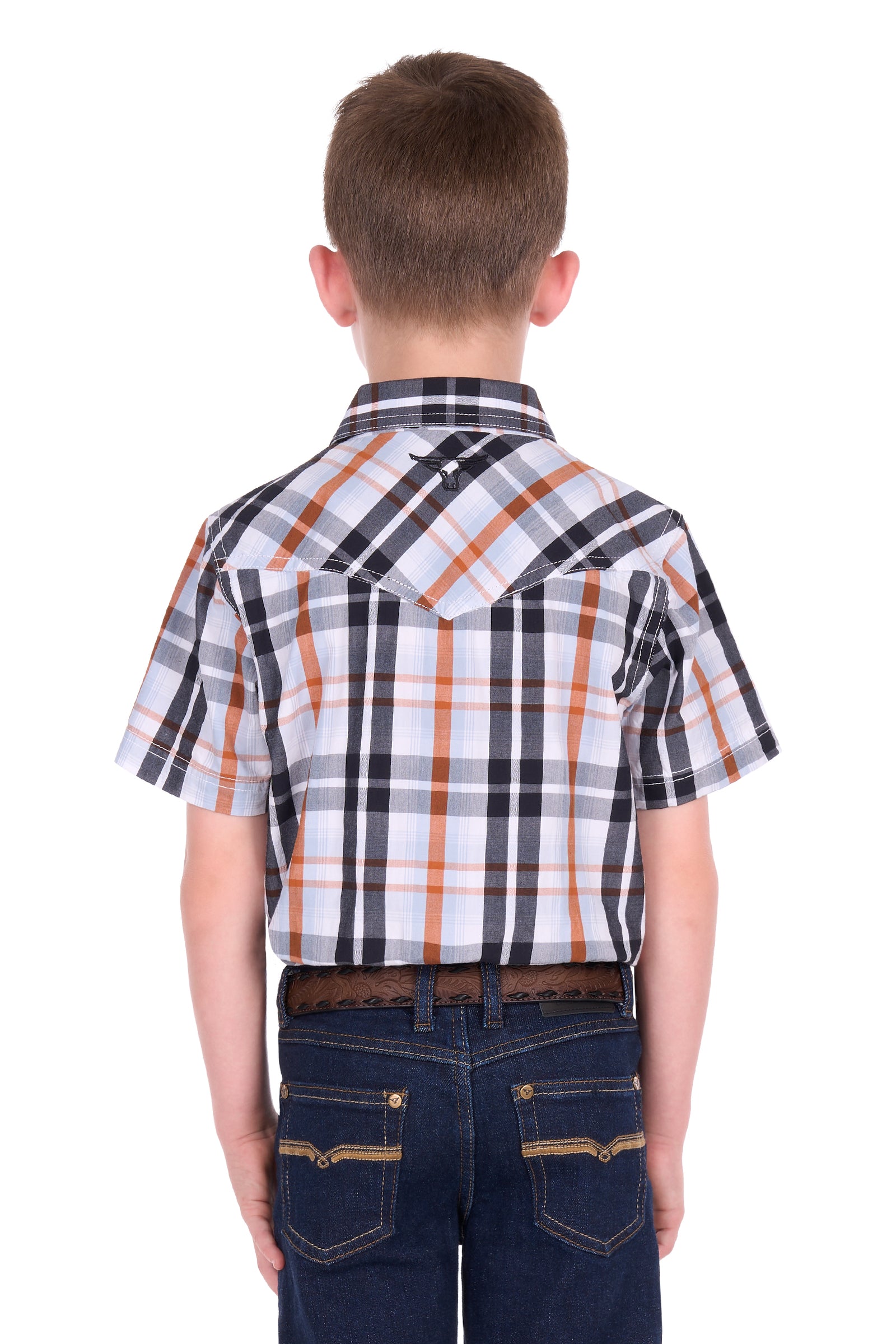 A boy viewed from behind wearing a short-sleeve plaid western shirt with navy, orange, and white stripes, paired with dark blue jeans and a brown belt, against a solid white background.