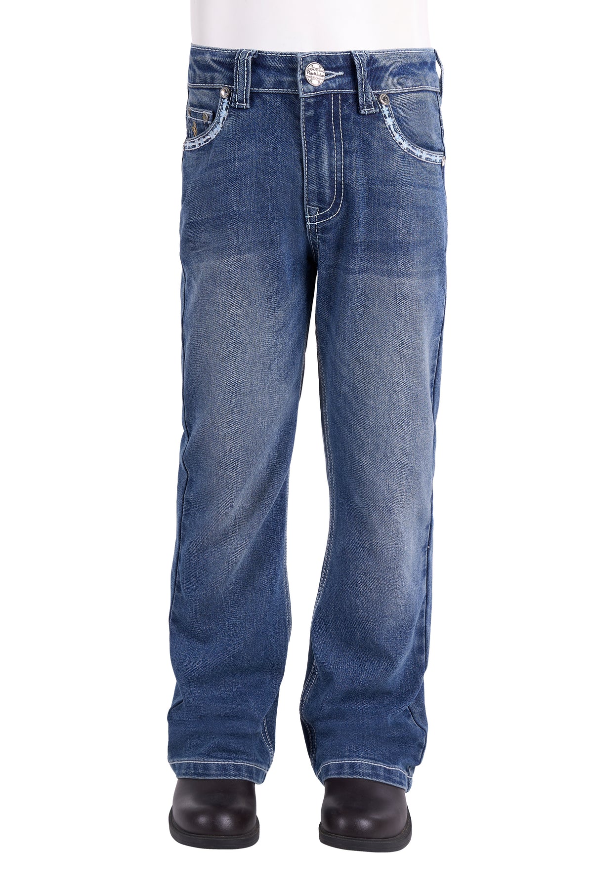 A pair of medium-wash blue denim jeans shown on a mannequin or cropped lower-body form, with black shoes visible at the bottom, against a plain white background.