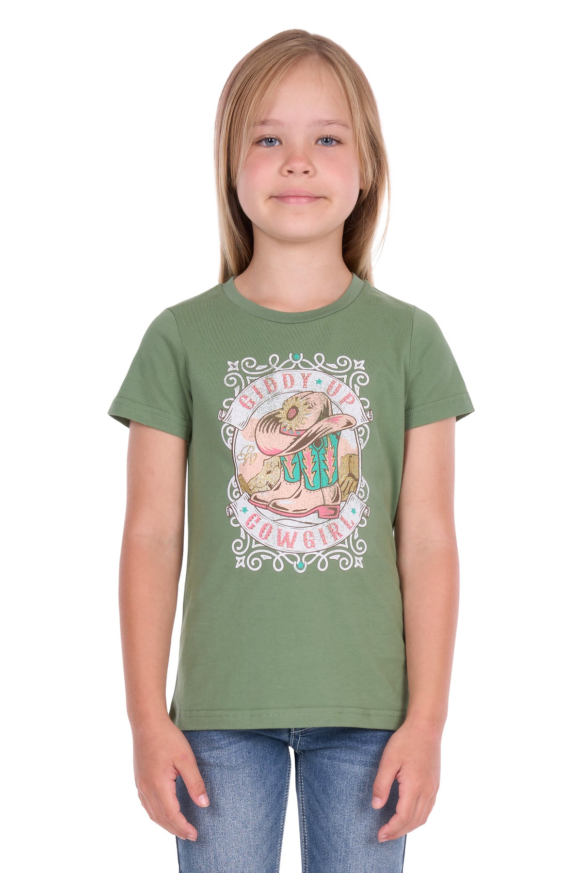 A young girl with blonde hair wearing an olive green short-sleeve t-shirt with a western-themed graphic print that reads 'Giddy-Up Cowgirl' and '403', paired with blue jeans, photographed against a plain white background.