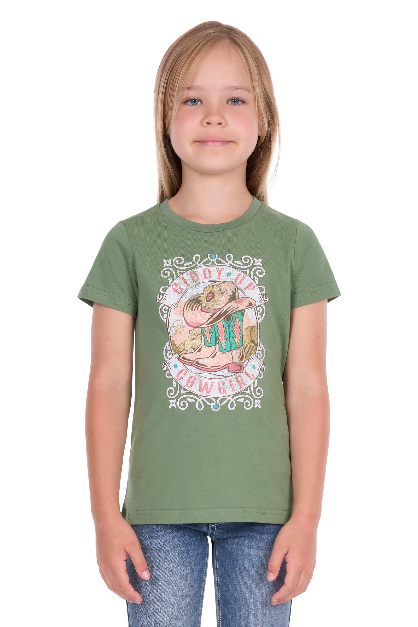 A young girl with blonde hair wearing an olive green short-sleeve t-shirt with a western-themed graphic print that reads 'Giddy-Up Cowgirl' and '403', paired with blue jeans, photographed against a plain white background.