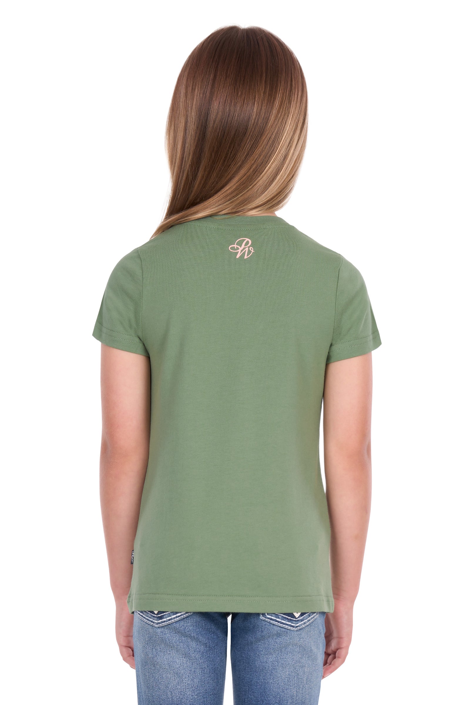 A girl viewed from the back wearing an olive green short-sleeve t-shirt with a small embroidered monogram logo on the upper back, paired with blue jeans, against a plain white background.