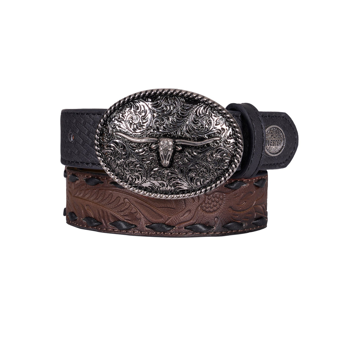 A western-style leather belt with a dark brown tooled strap, a black leather section, and a large oval silver buckle featuring an engraved steer skull.