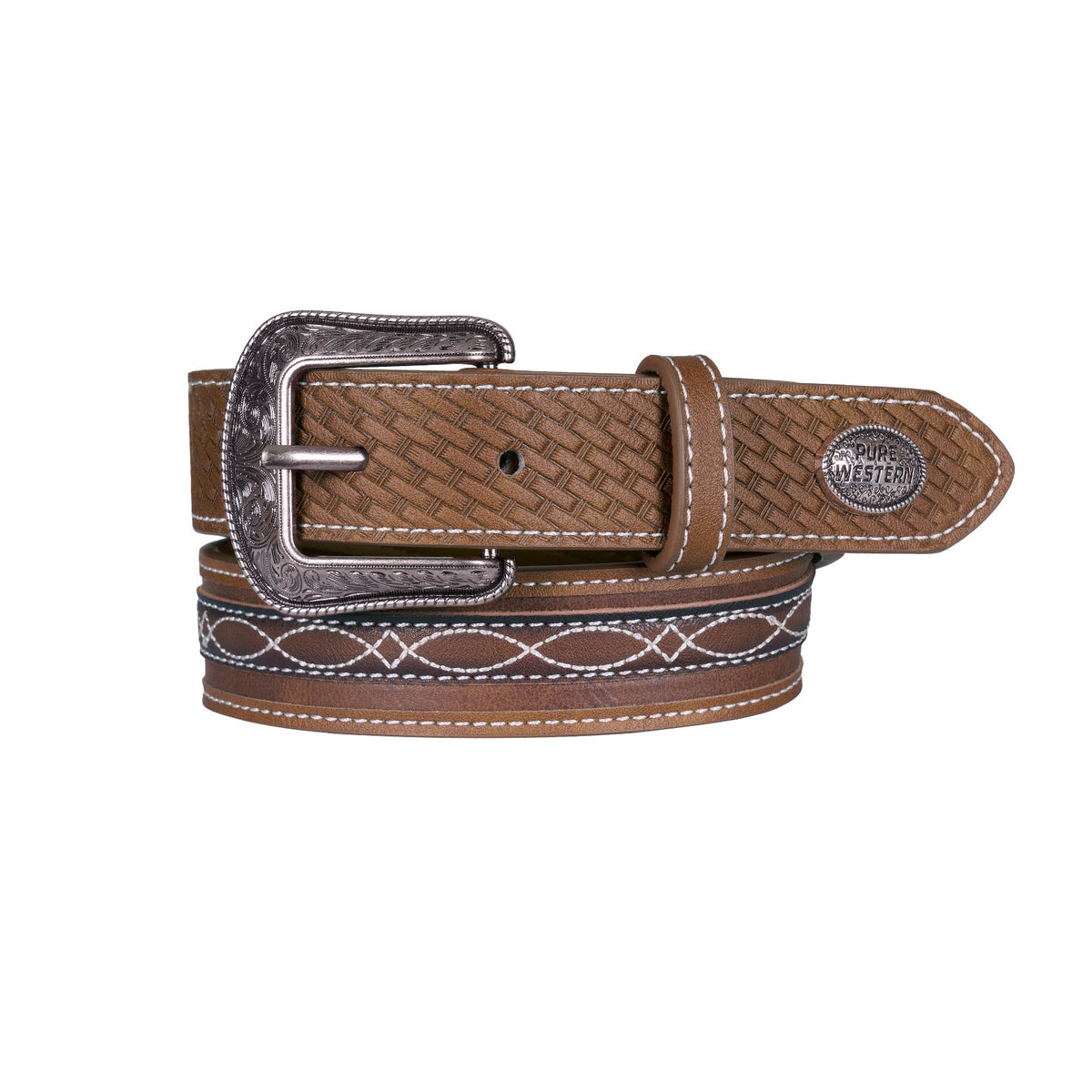 A brown leather belt with a woven texture, silver-toned western-style buckle, and decorative stitching on the underside, shown on a plain white background.