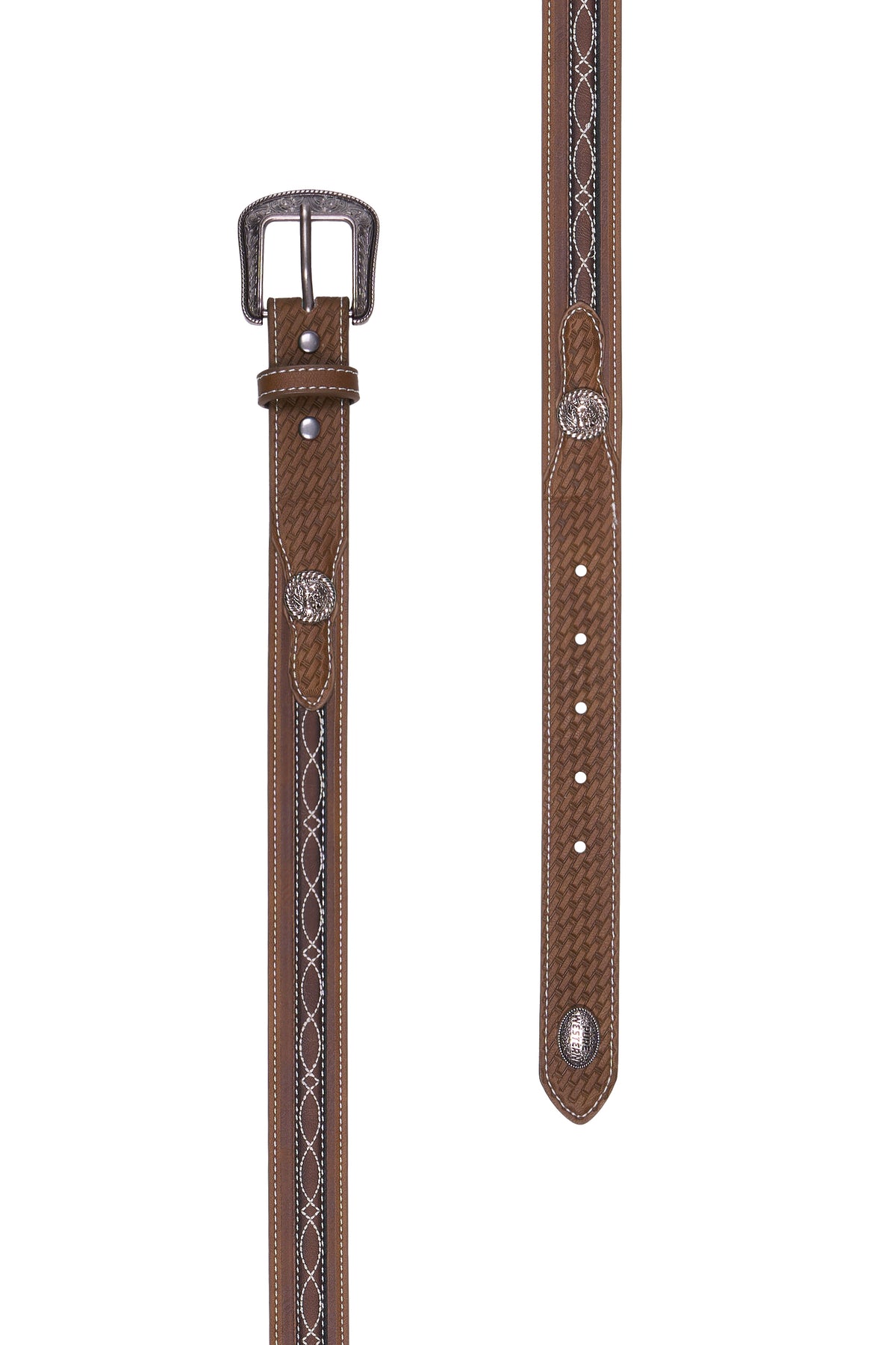 A brown leather belt with silver-toned conchos and woven silver chain detailing, shown in two vertical views against a white background.