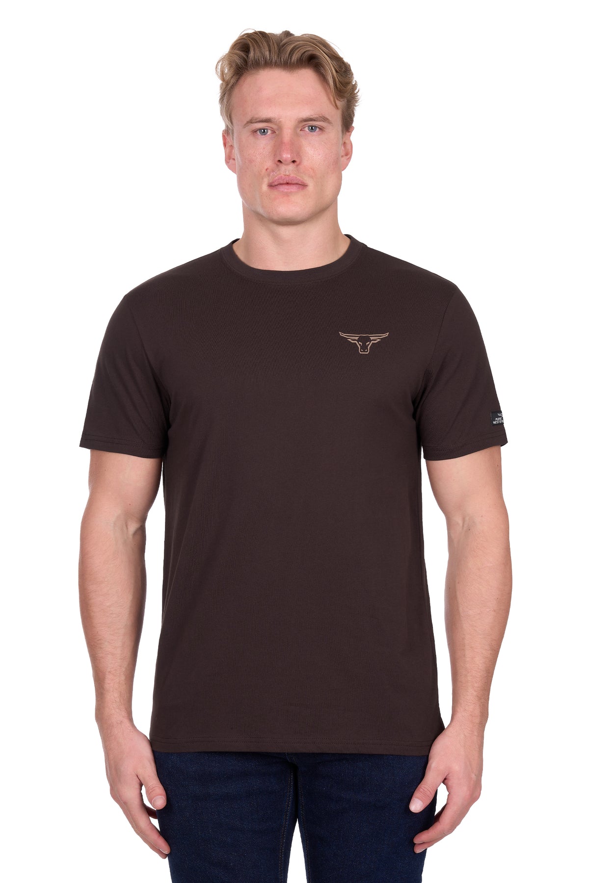 Man wearing a brown t-shirt with a logo on a white background