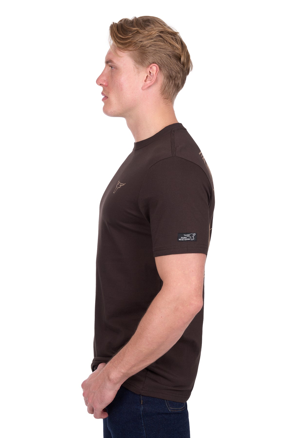 Man wearing a brown t-shirt with a logo on a white background