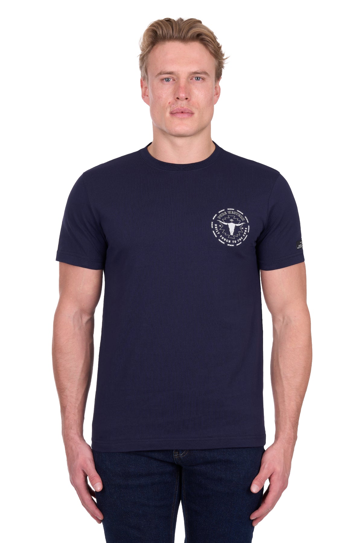 Man wearing a navy blue t-shirt with a logo on a white background