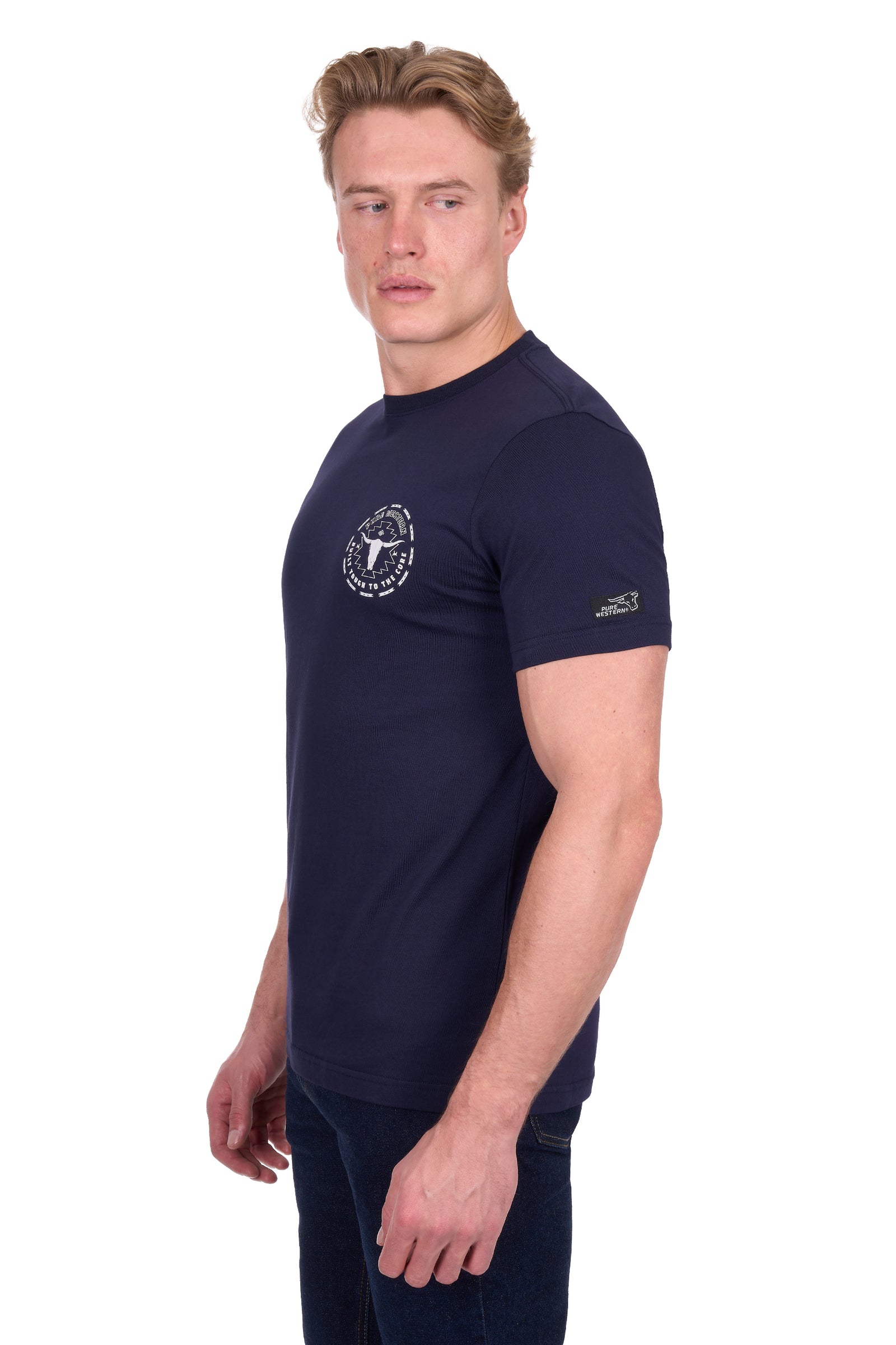 Man wearing a navy blue t-shirt with a white graphic and text on the back, on a white background.