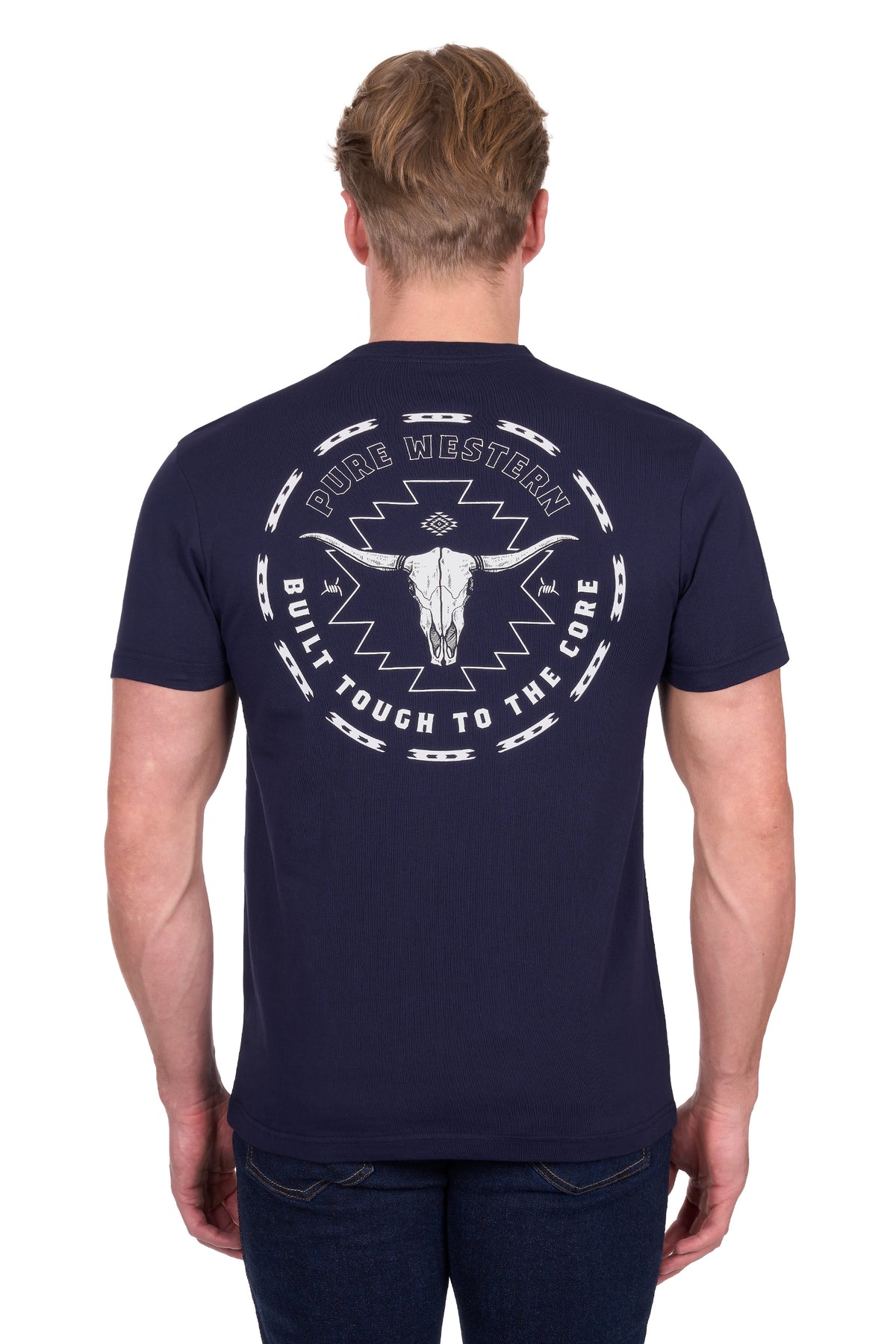 Man wearing a navy blue t-shirt with a white graphic and text on the back, on a white background.