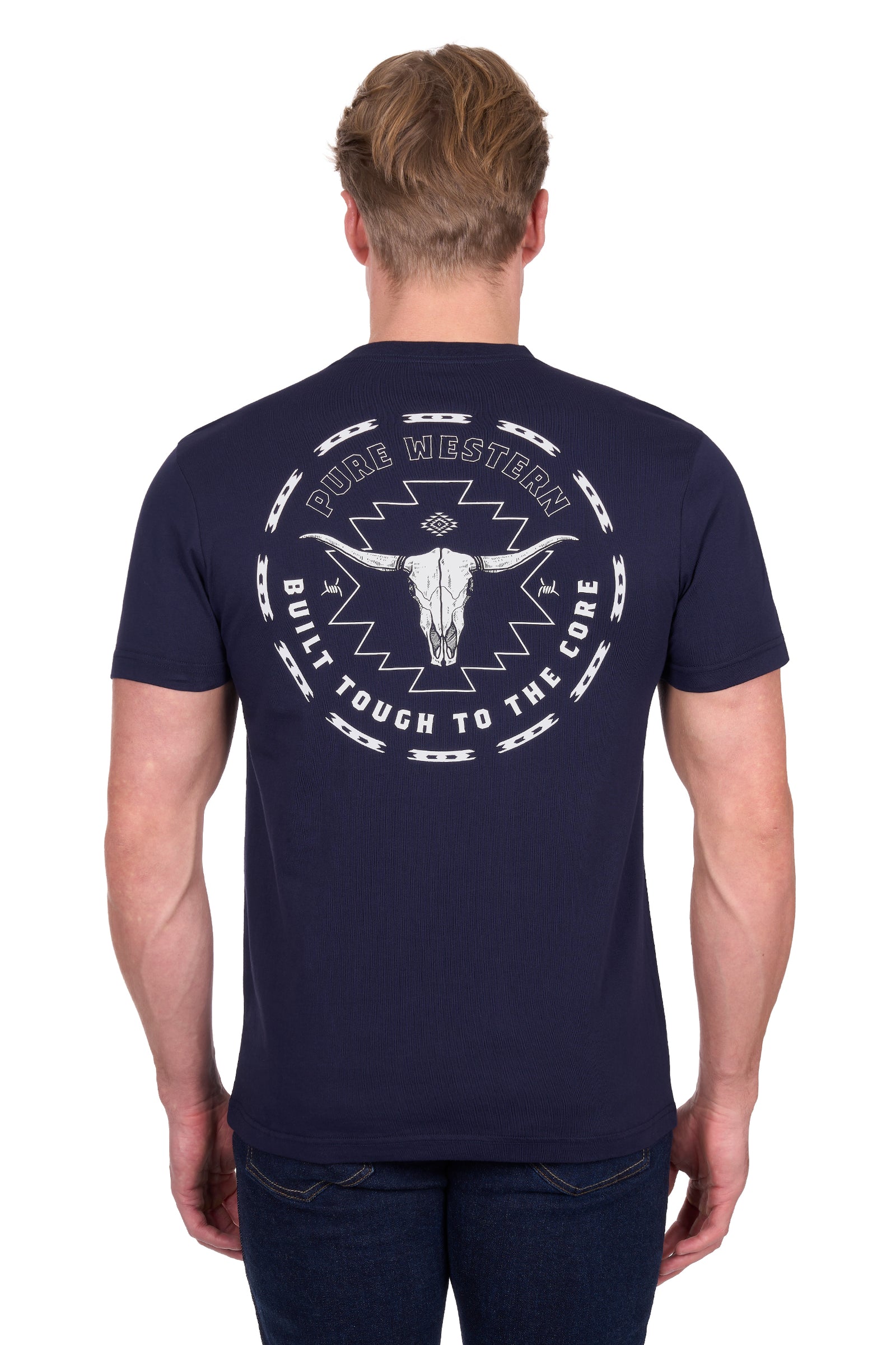 Man wearing a navy blue t-shirt with a white graphic and text on the back, on a white background.