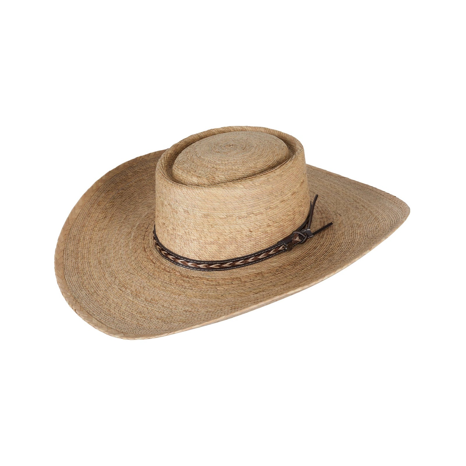 Beige cowboy hat with a band on a white background