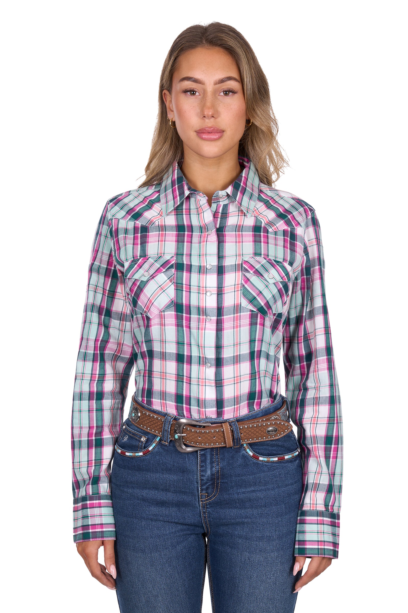 Woman wearing a plaid shirt and jeans on a white background