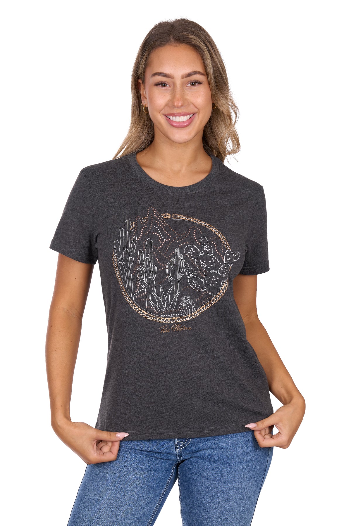 Woman wearing a dark gray t-shirt with a graphic design on a white background