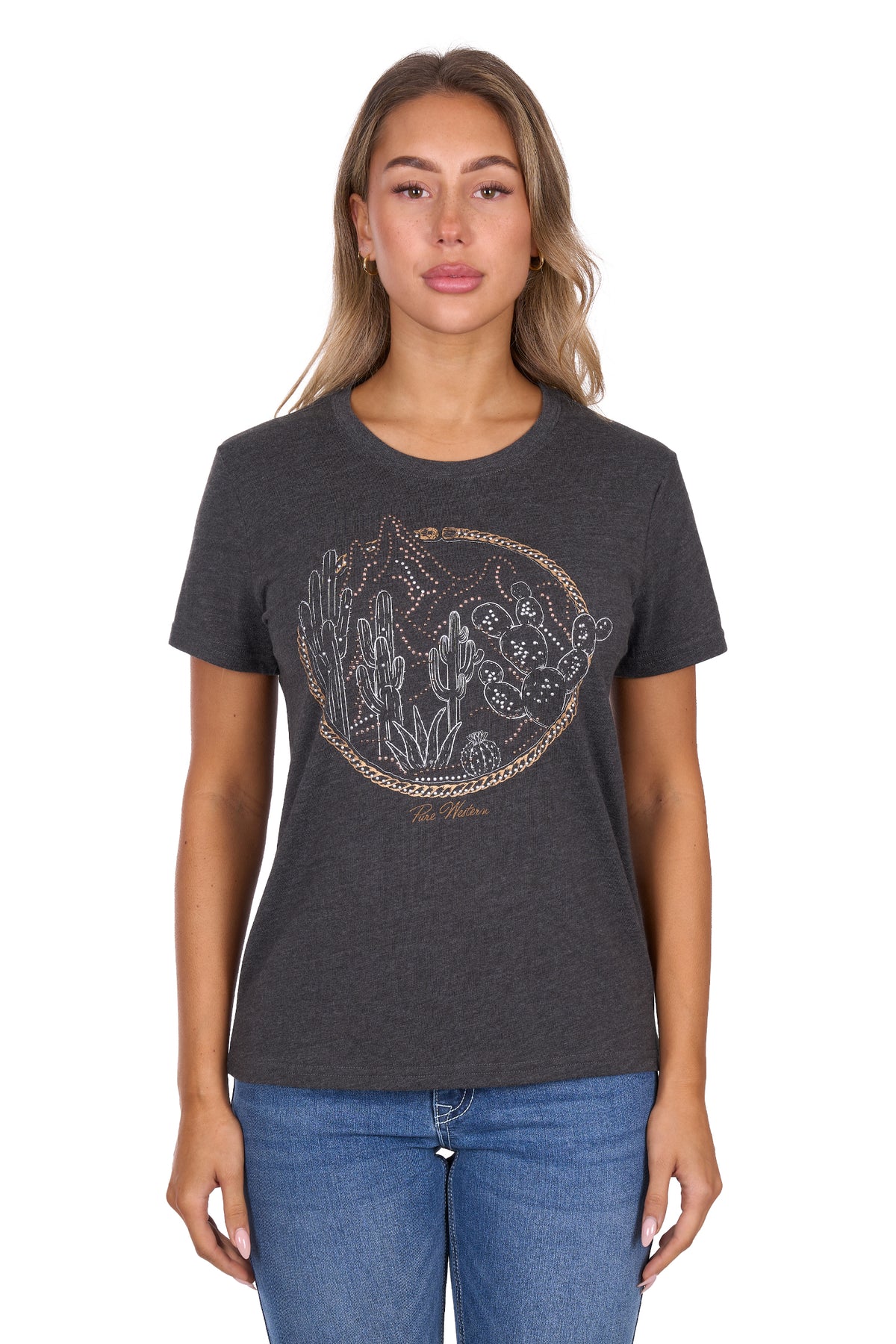 Woman wearing a dark gray t-shirt with a graphic design on a white background