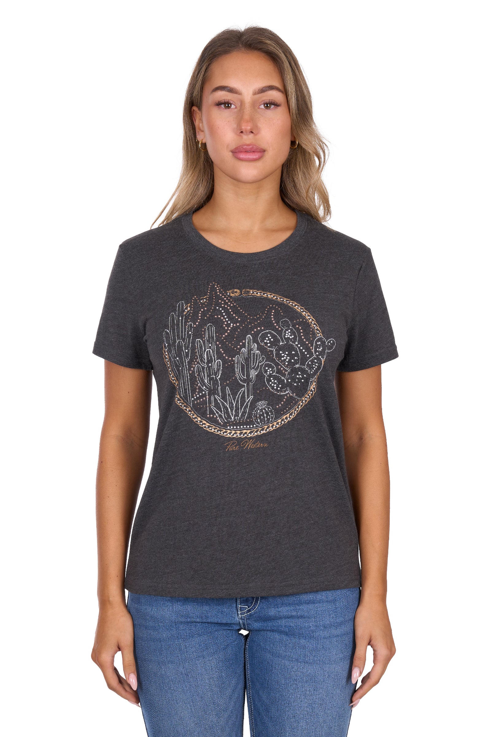Woman wearing a dark gray t-shirt with a graphic design on a white background