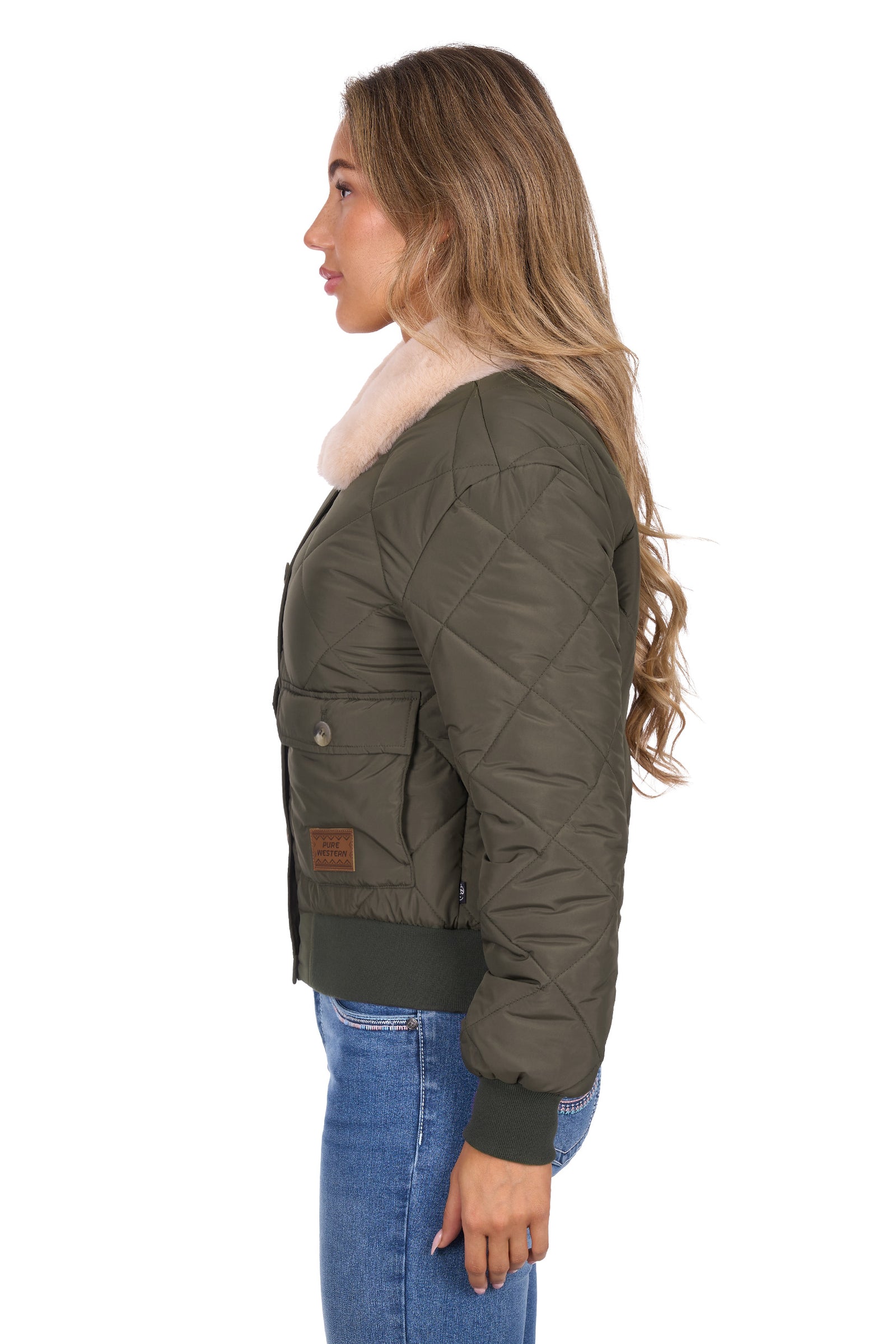 Woman wearing a green jacket with a fur-lined hood on a white background