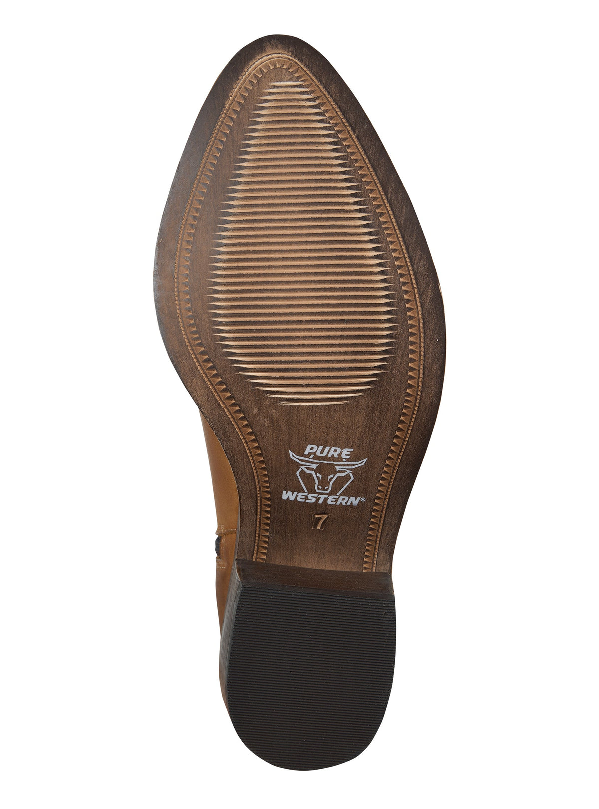 Close-up of a brown boot sole with 'Pure Western' branding on a white background