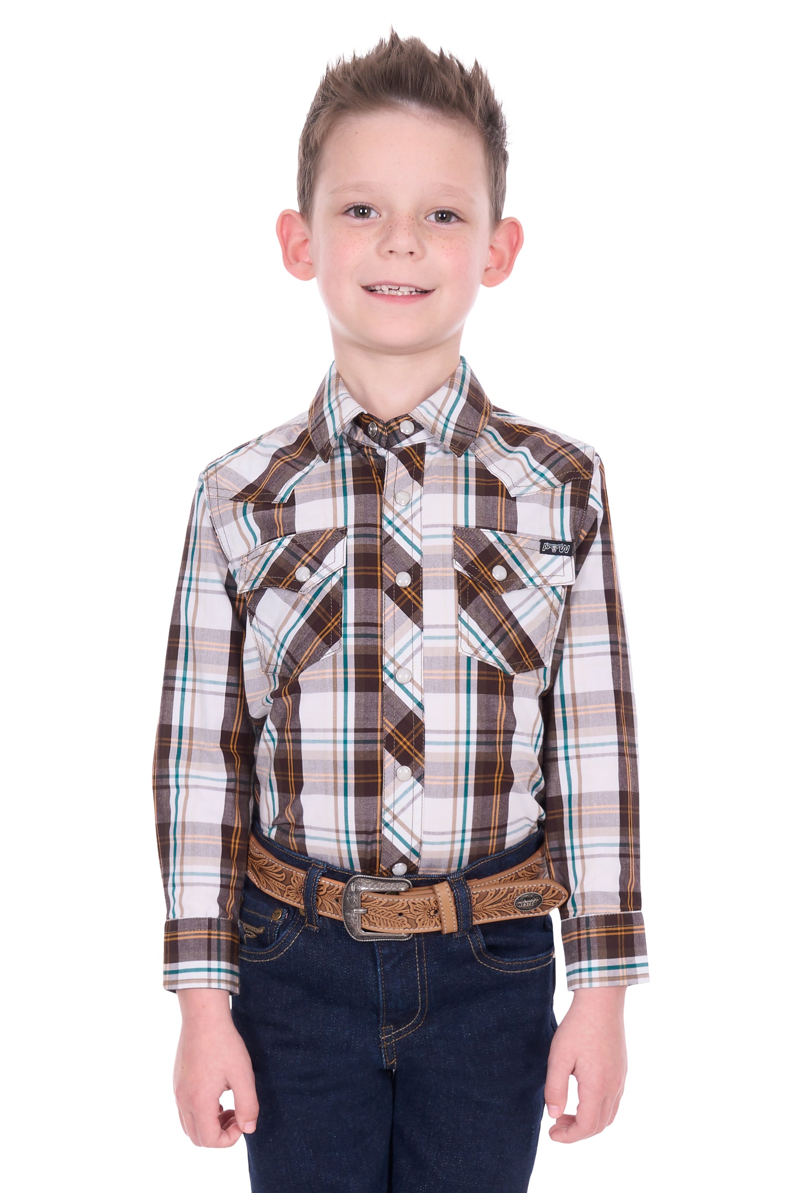 Young boy wearing a plaid shirt and jeans on a white background