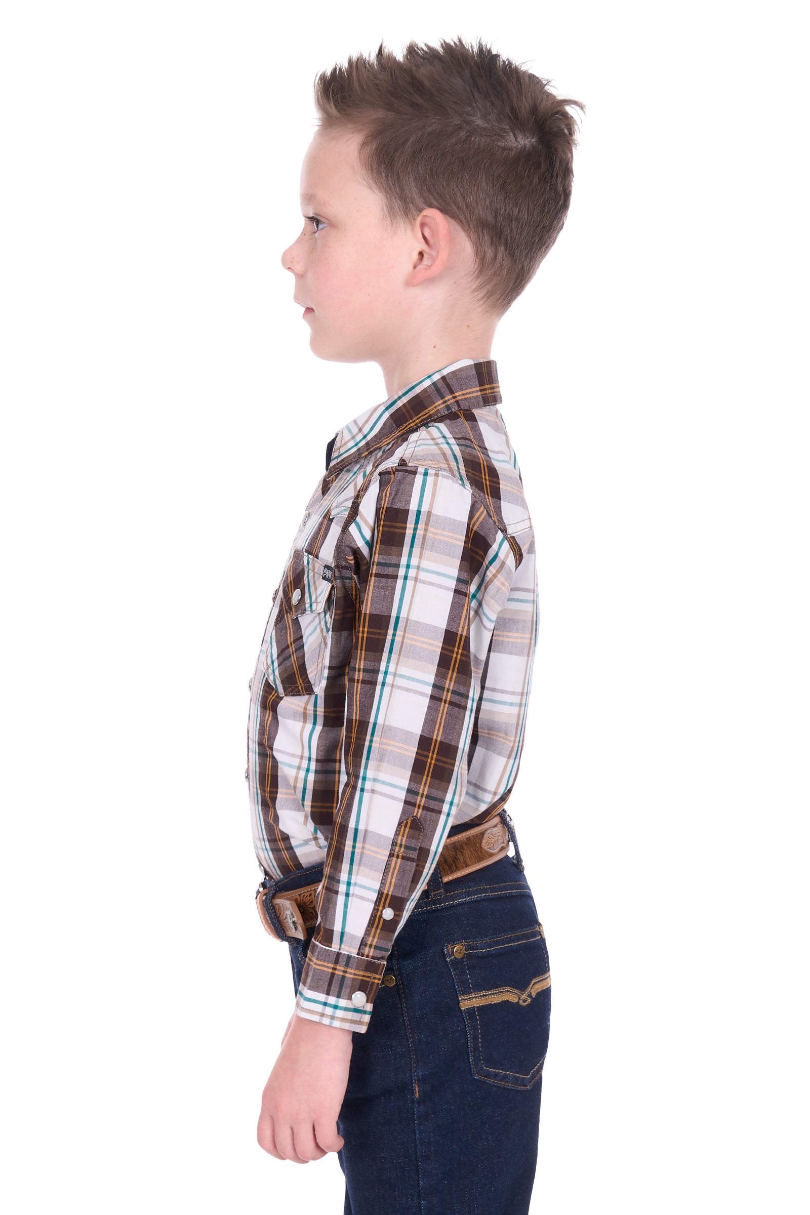 Child wearing a plaid shirt and jeans on a white background