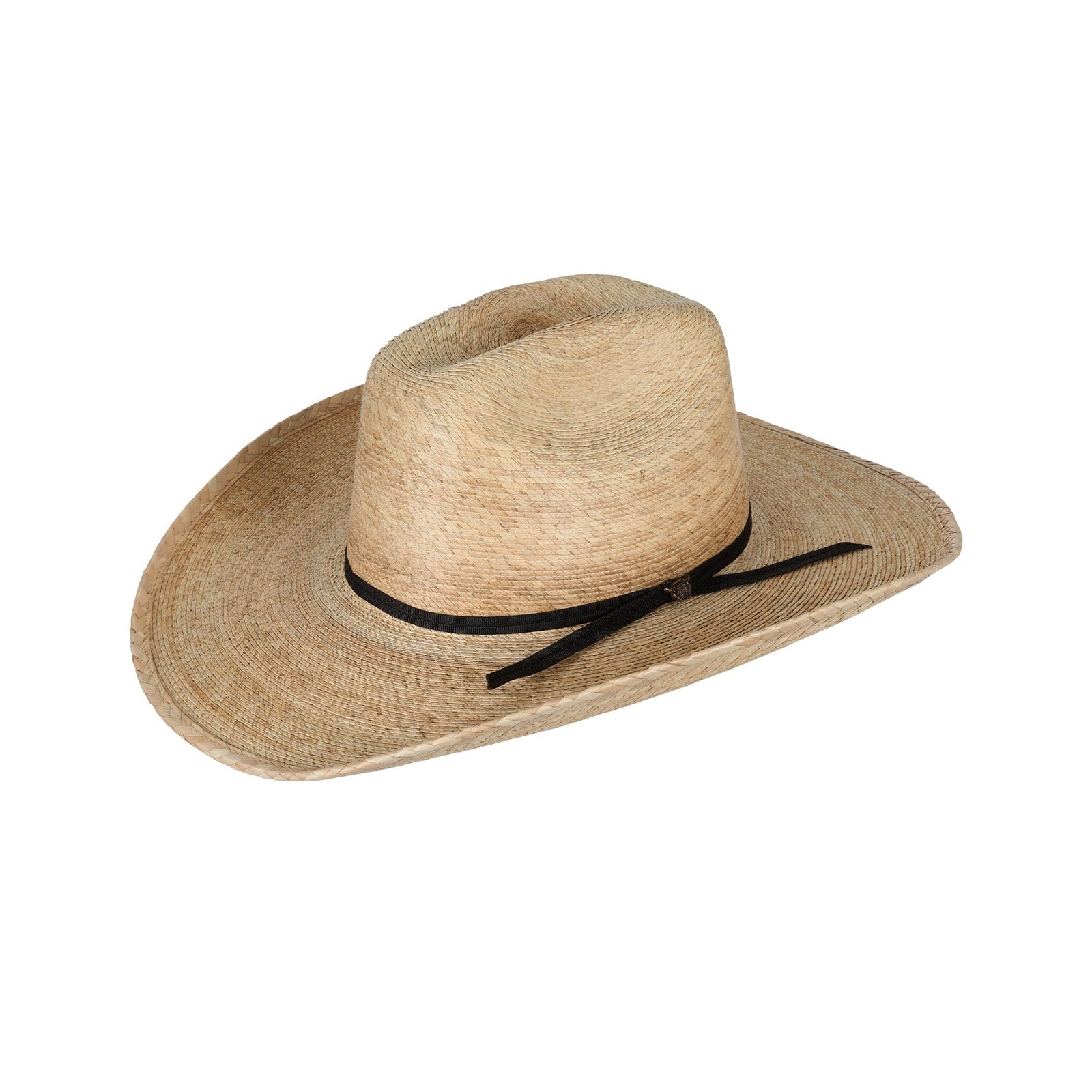 Beige cowboy hat with a black band on a white background