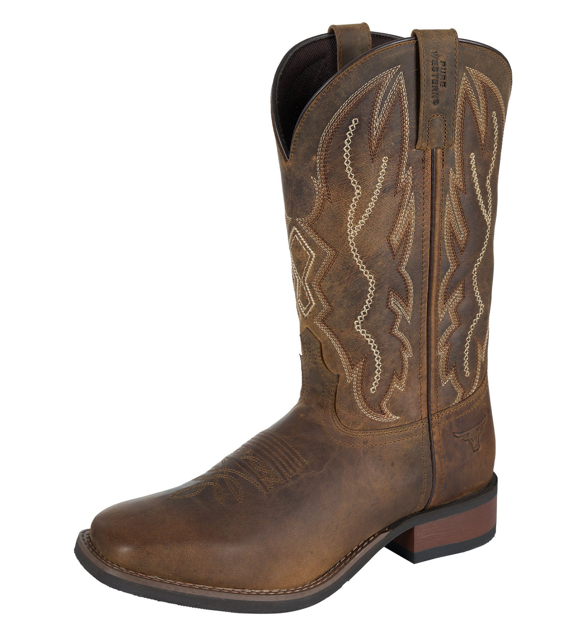 Brown cowboy boot with intricate stitching on a white background