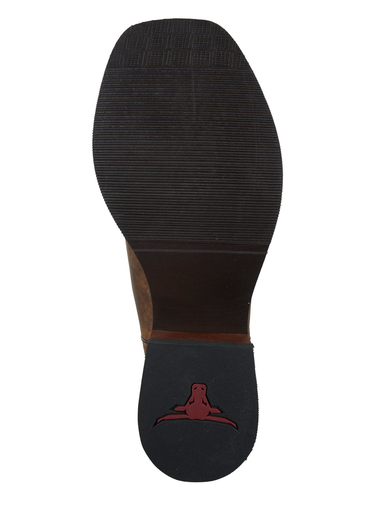Black shoe sole with a red logo on a white background